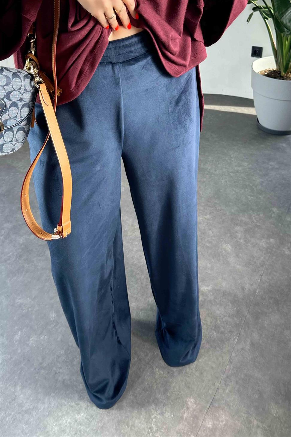 Beli Lastikli Kadife Palazzo Kadın Pantolon Lacivert