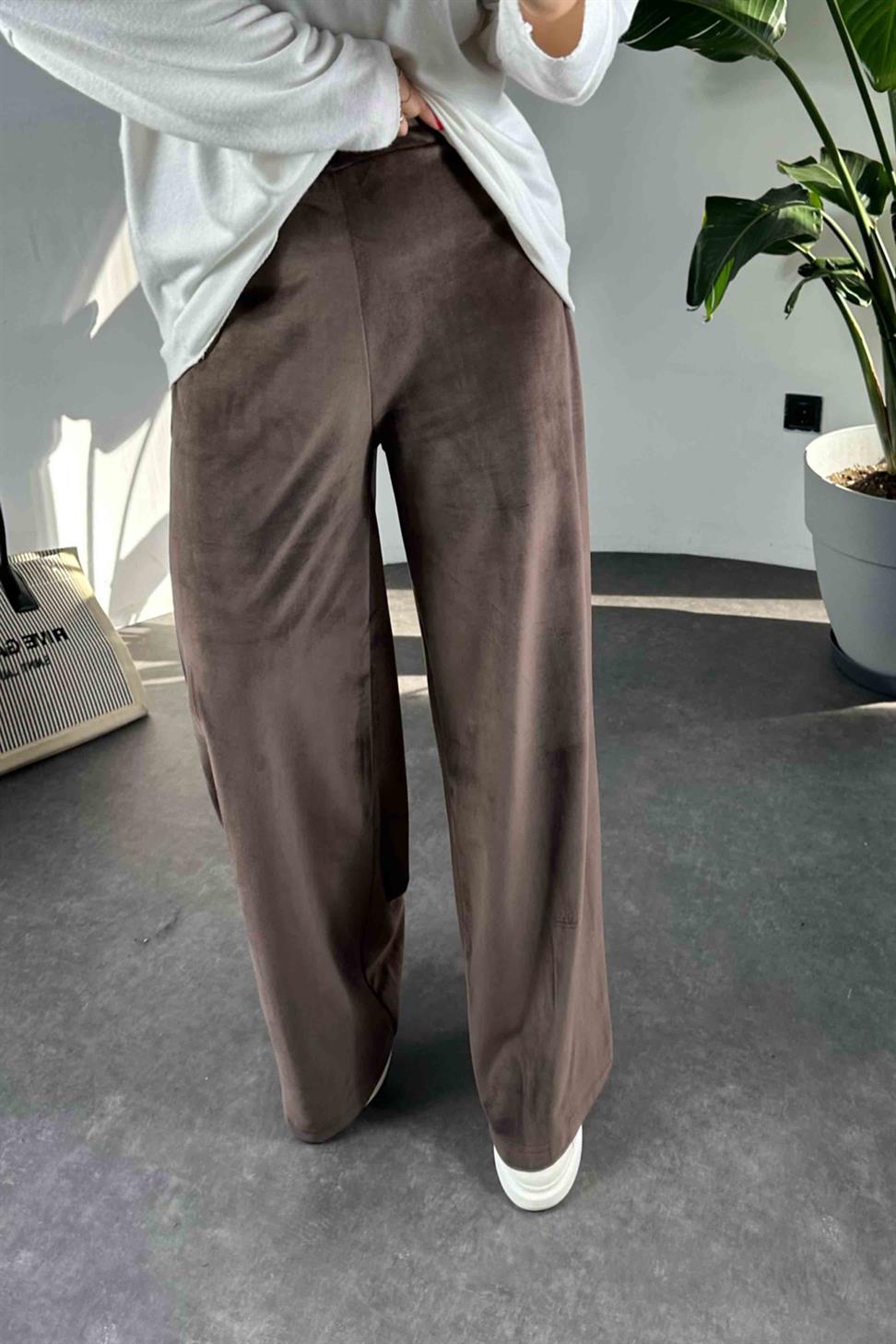 Beli Lastikli Kadife Palazzo Kadın Pantolon Acı Kahve