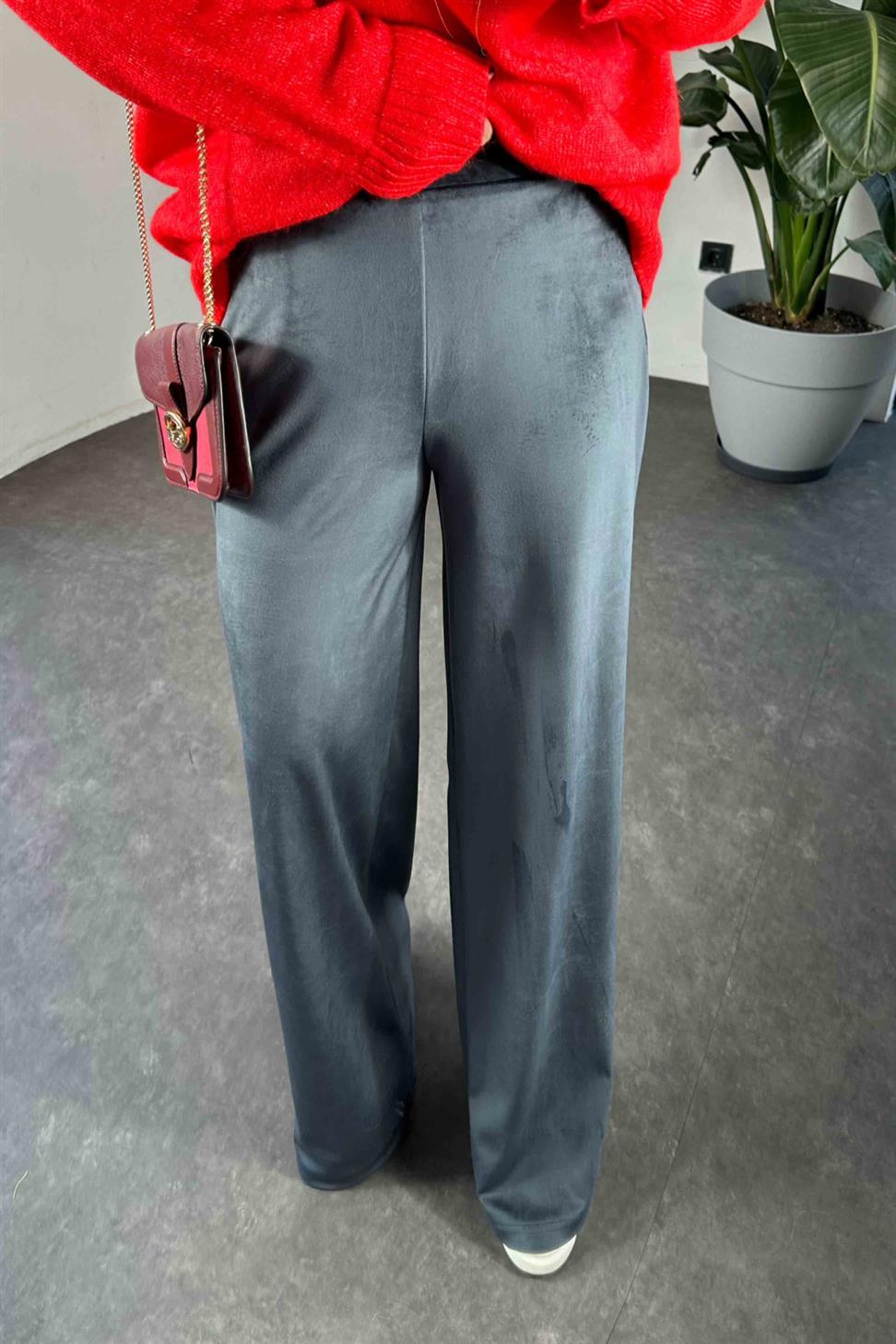 Beli Lastikli Kadife Palazzo Kadın Pantolon Antrasit