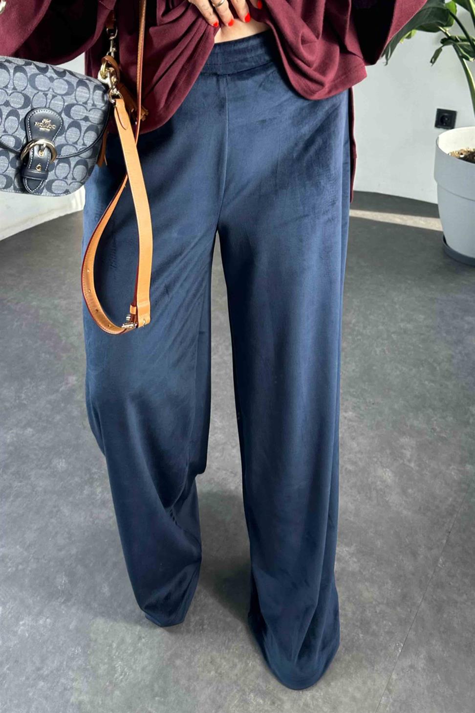 Beli Lastikli Kadife Palazzo Kadın Pantolon Lacivert