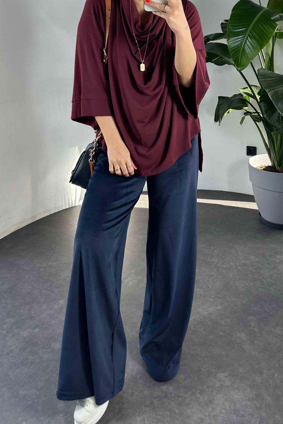 Beli Lastikli Kadife Palazzo Kadın Pantolon Lacivert