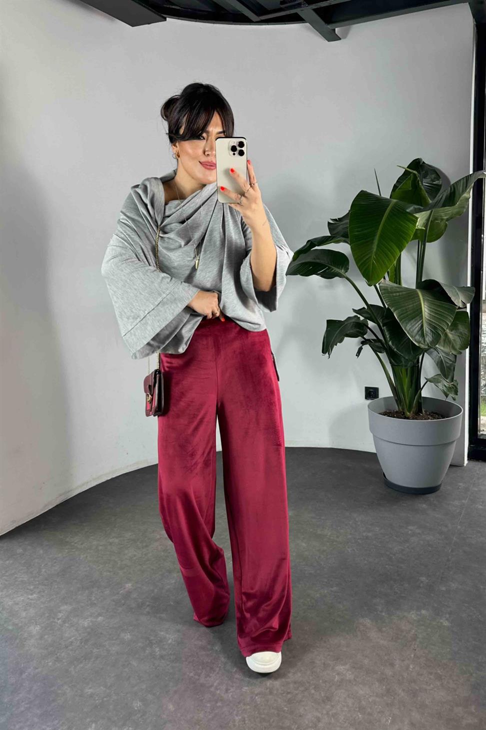 Beli Lastikli Kadife Palazzo Kadın Pantolon Bordo