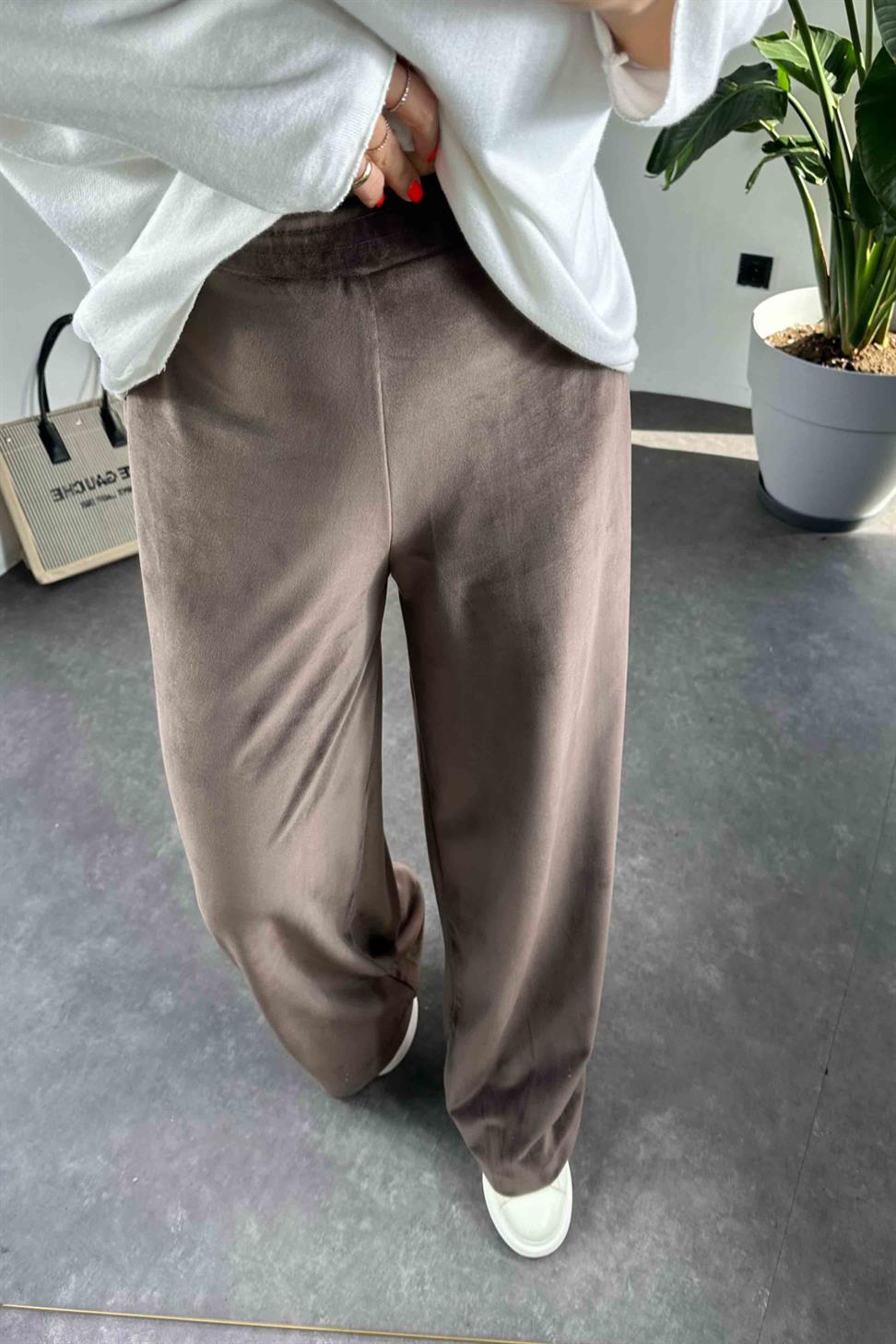 Beli Lastikli Kadife Palazzo Kadın Pantolon Acı Kahve