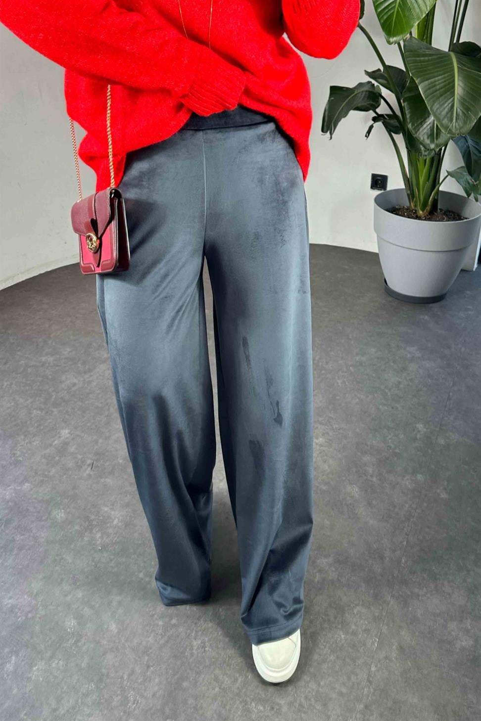 Beli Lastikli Kadife Palazzo Kadın Pantolon Antrasit