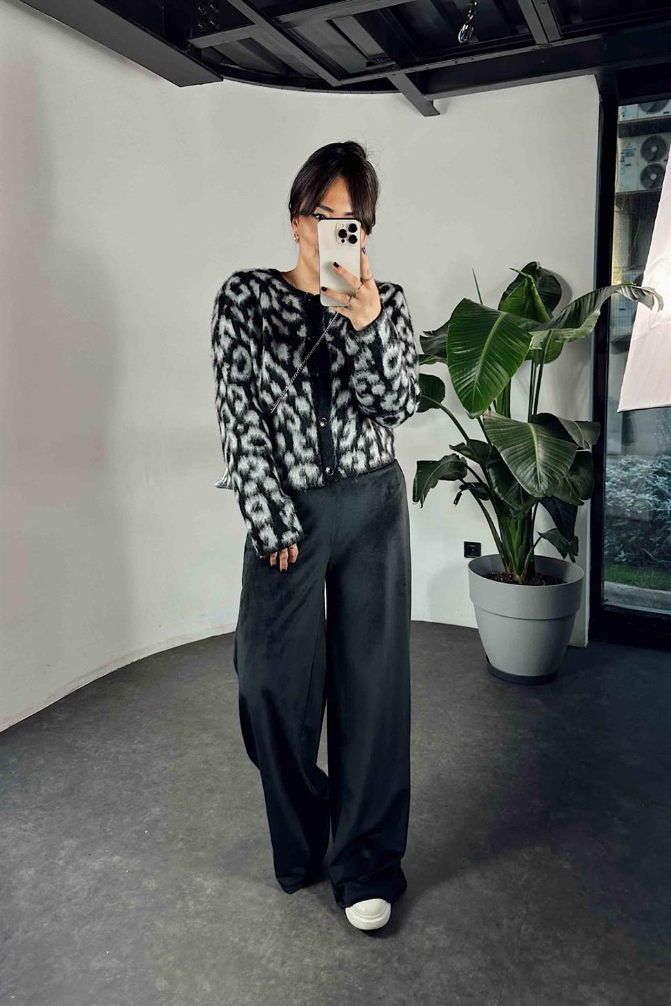 Beli Lastikli Kadife Palazzo Kadın Pantolon Siyah