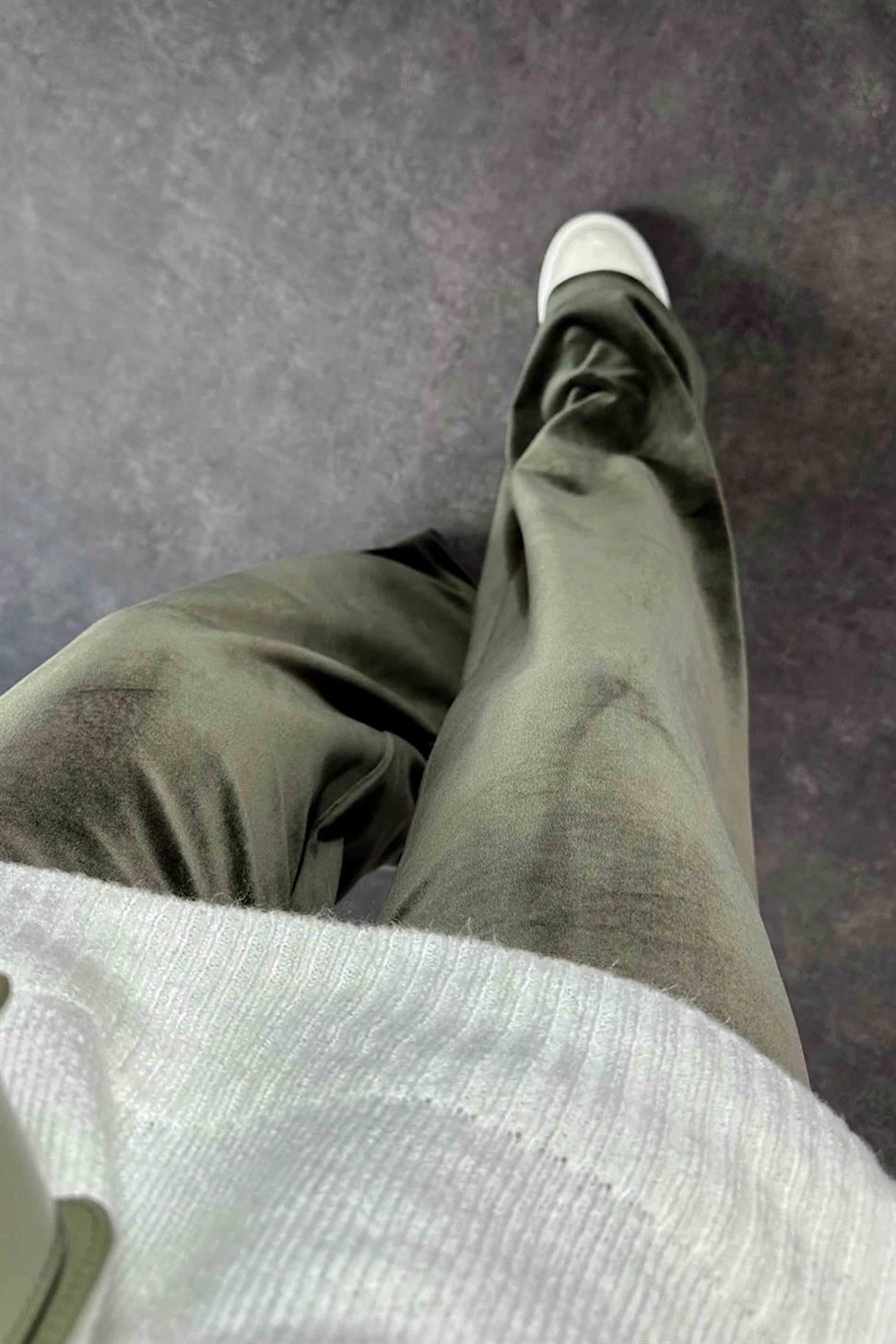 Beli Lastikli Kadife Palazzo Kadın Pantolon Haki