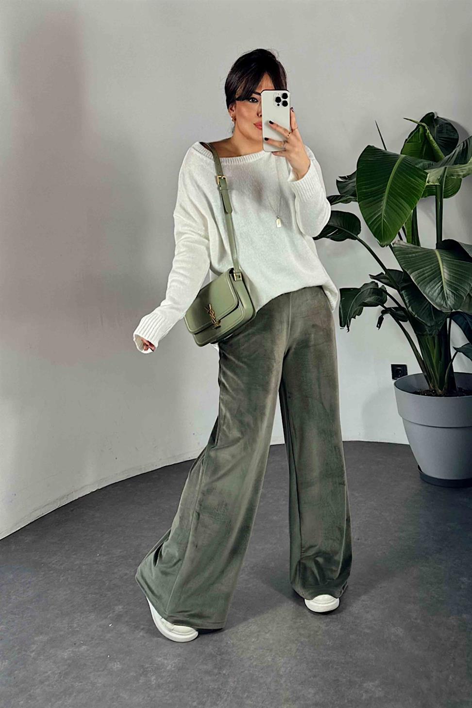 Beli Lastikli Kadife Palazzo Kadın Pantolon Haki