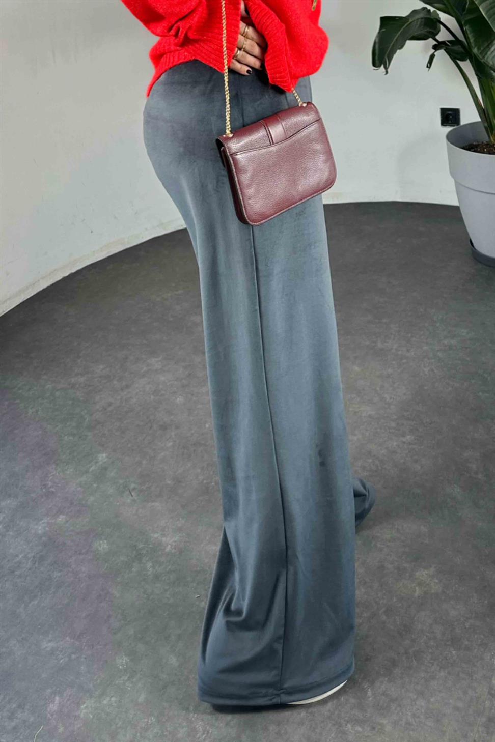 Beli Lastikli Kadife Palazzo Kadın Pantolon Antrasit