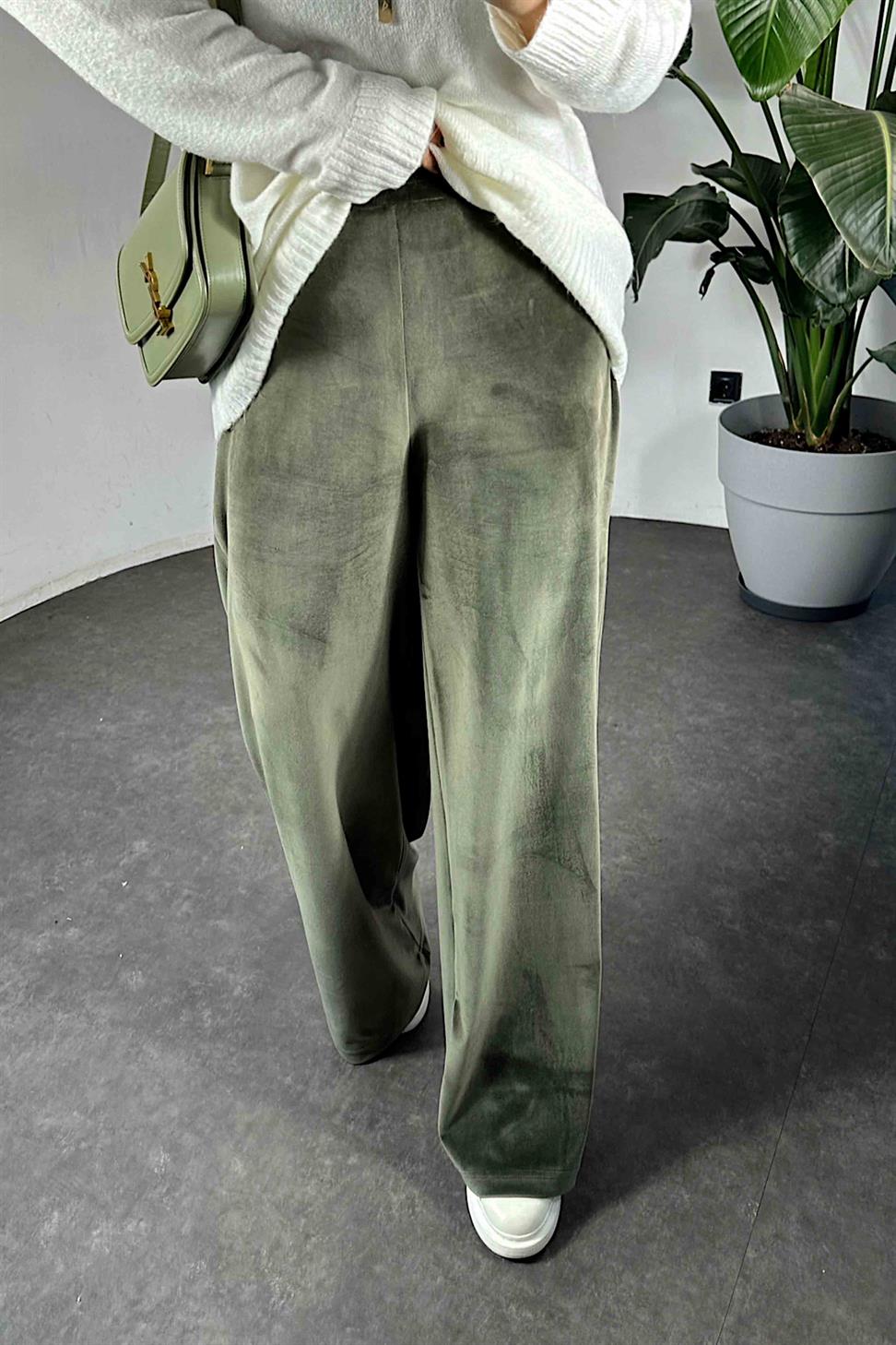 Beli Lastikli Kadife Palazzo Kadın Pantolon Haki