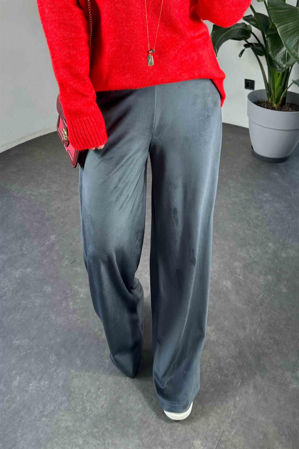 Beli Lastikli Kadife Palazzo Kadın Pantolon Antrasit