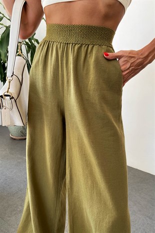 Beli Lastikli Keten Pantolon Haki