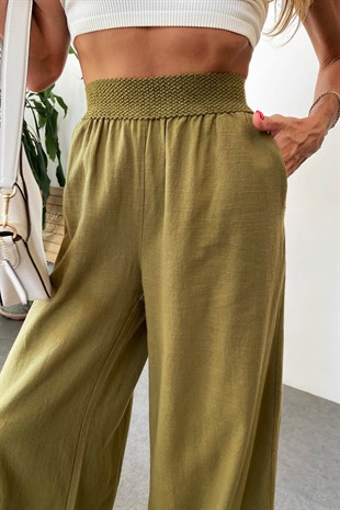 Beli Lastikli Keten Pantolon Haki