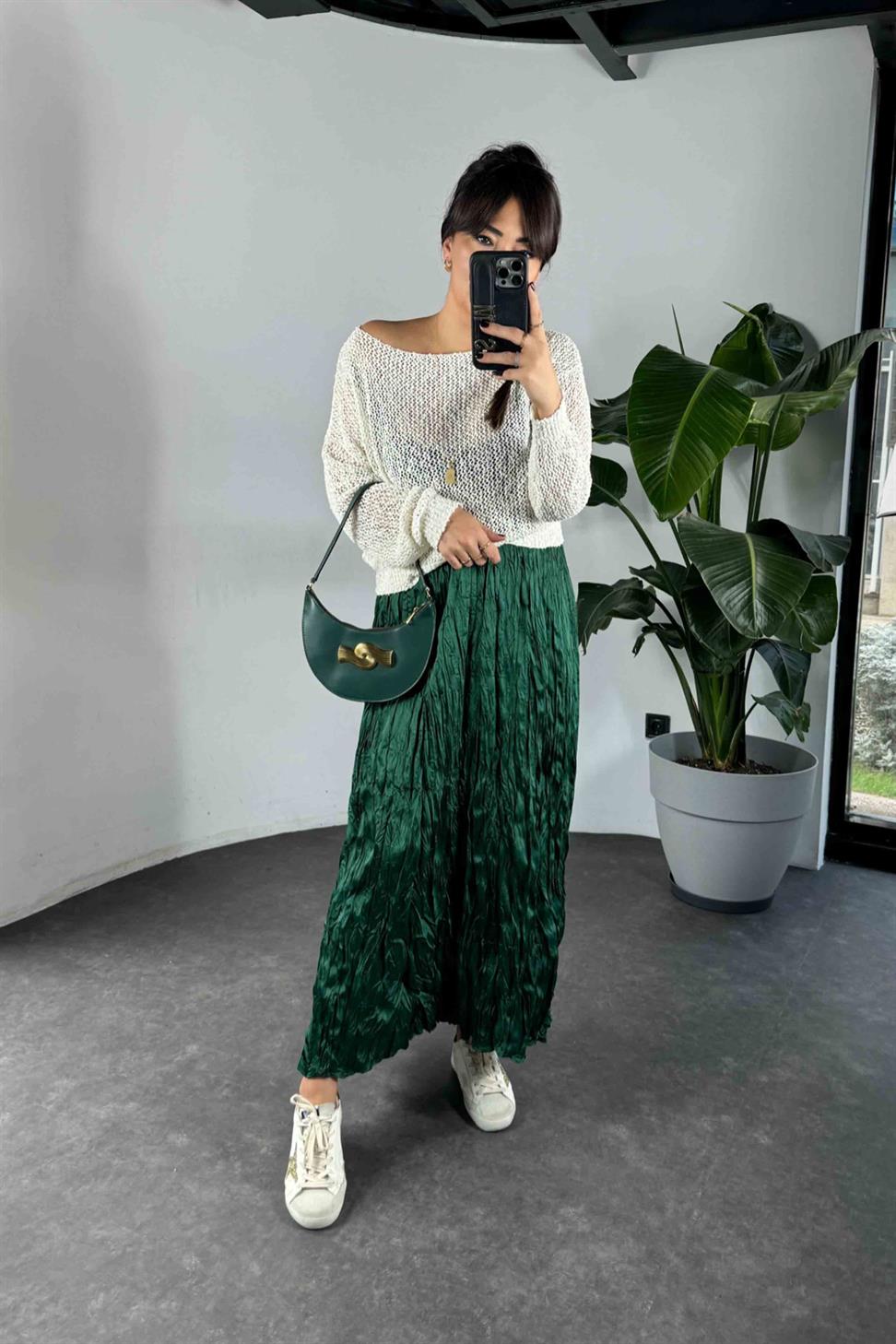 Beli Lastikli Kırışık Pileli Saten Kadın Etek Zümrüt