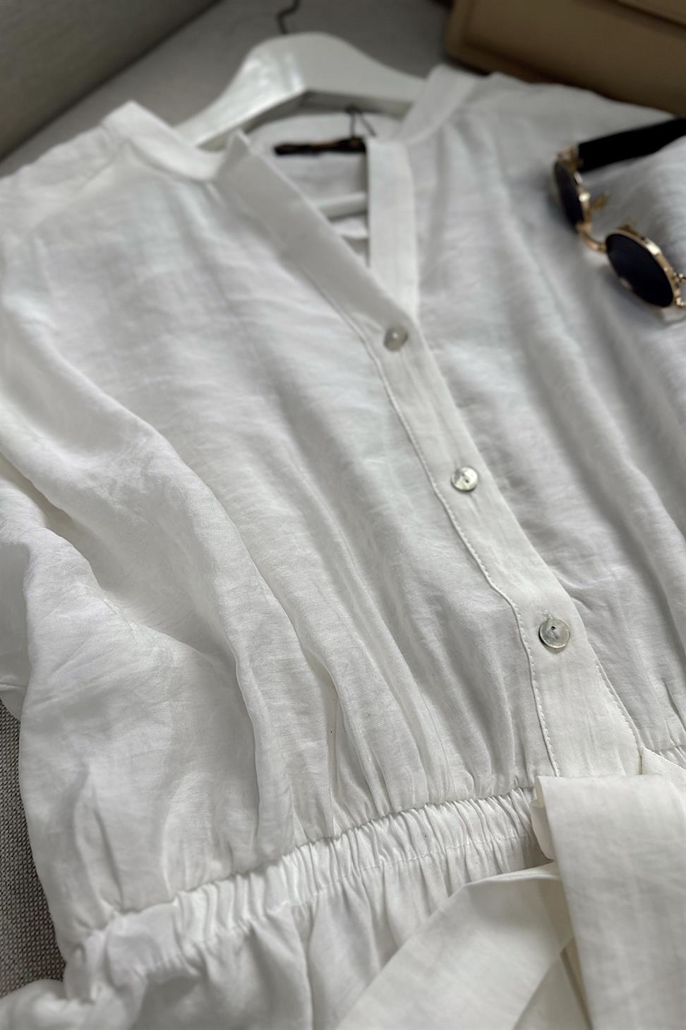 Beli Lastikli Kuşak Detaylı Tensel Gömlek Beyaz