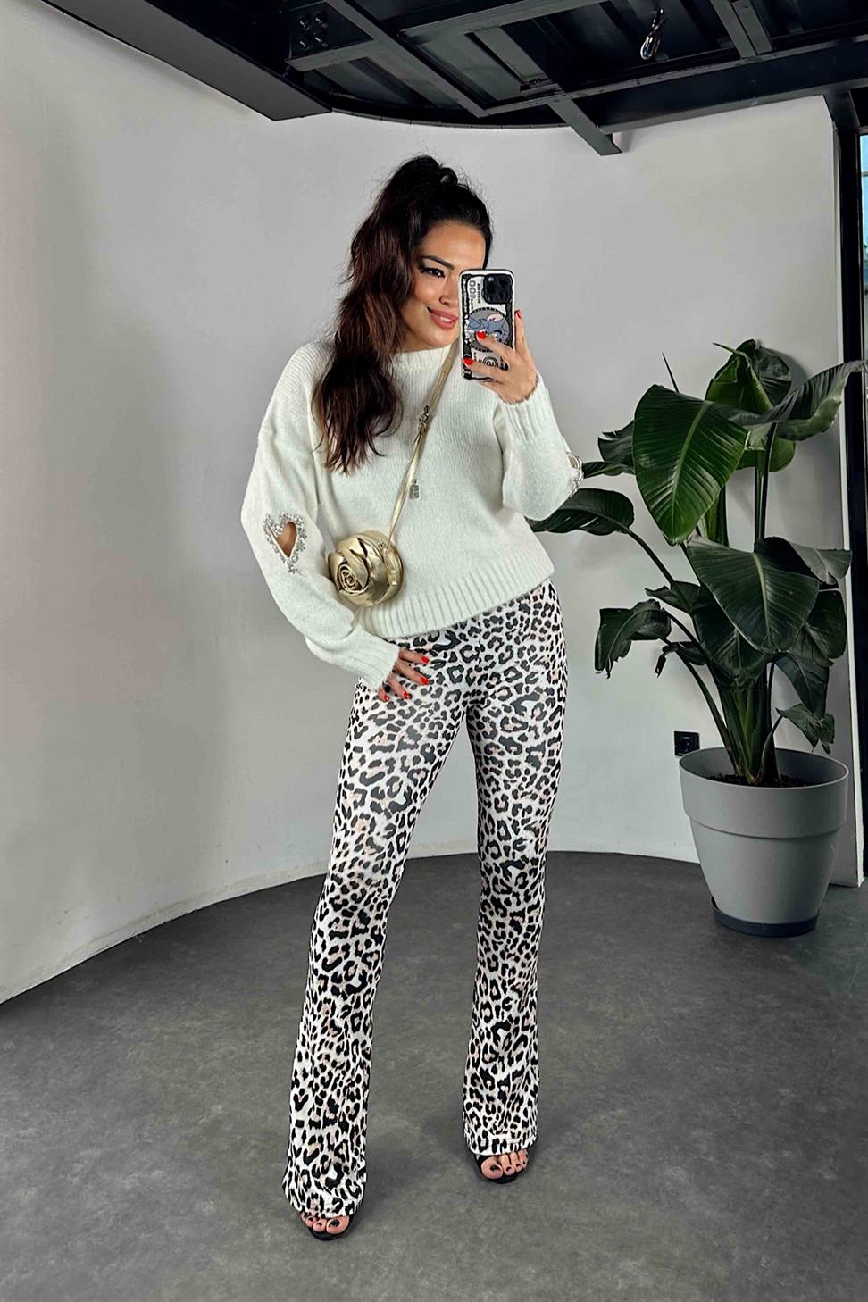 Beli Lastikli Leopar Desen İspanyol Paça Kadın Tayt Ekru