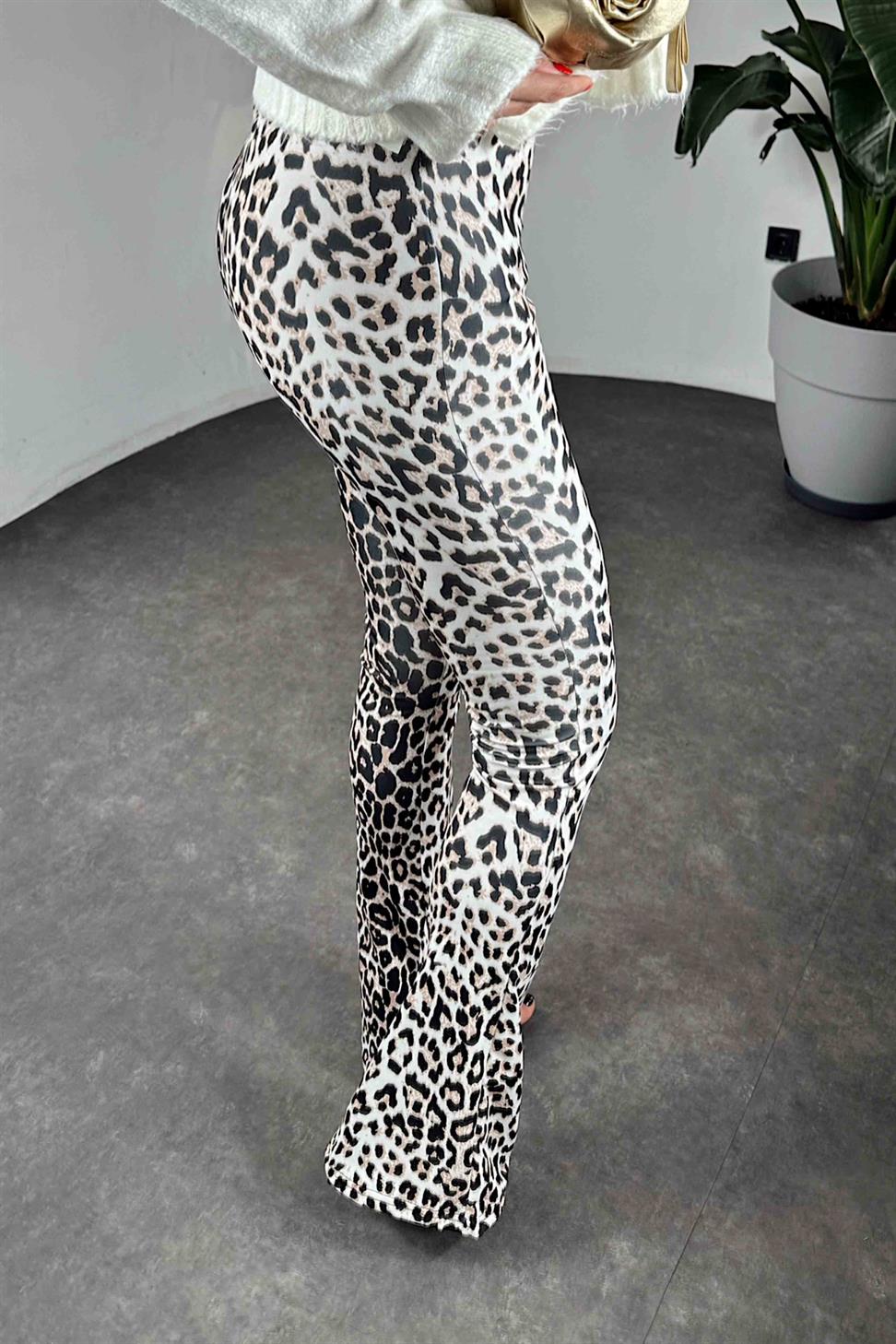 Beli Lastikli Leopar Desen İspanyol Paça Kadın Tayt Ekru