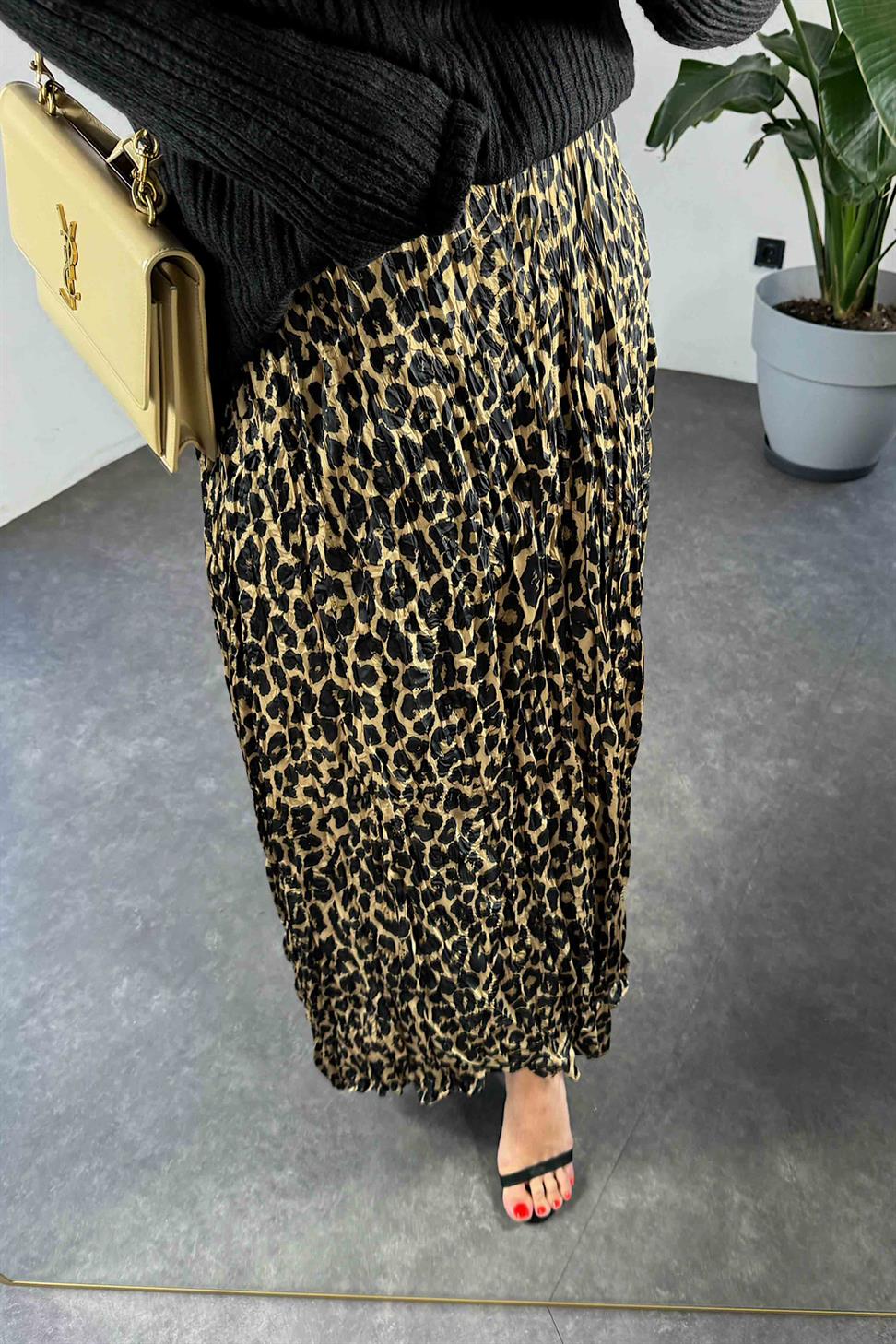 Beli Lastikli Leopar Kadın Etek Vizon