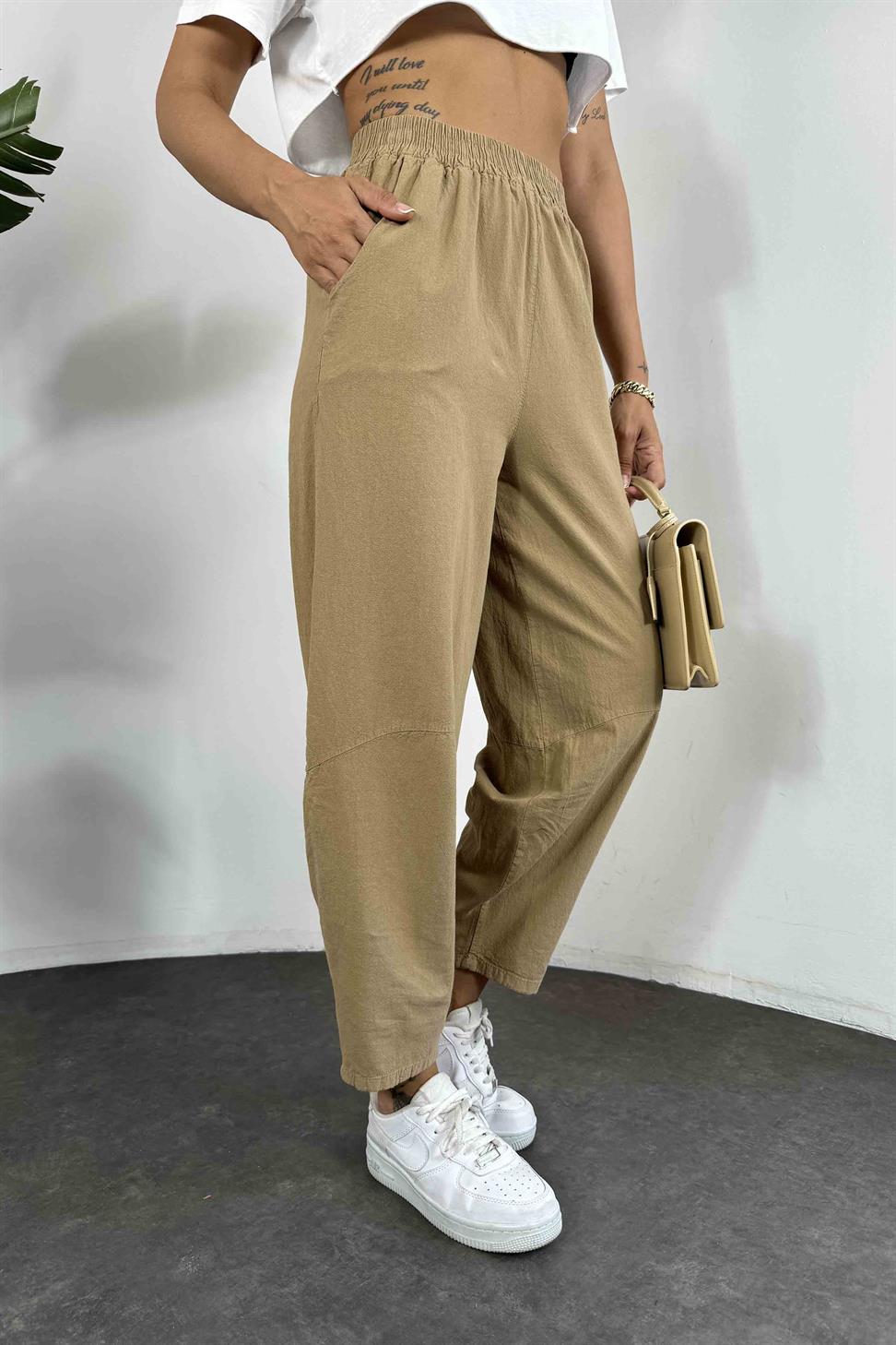 Beli Lastikli Organik Pamuk Kumaş Şalvar Pantolon Camel