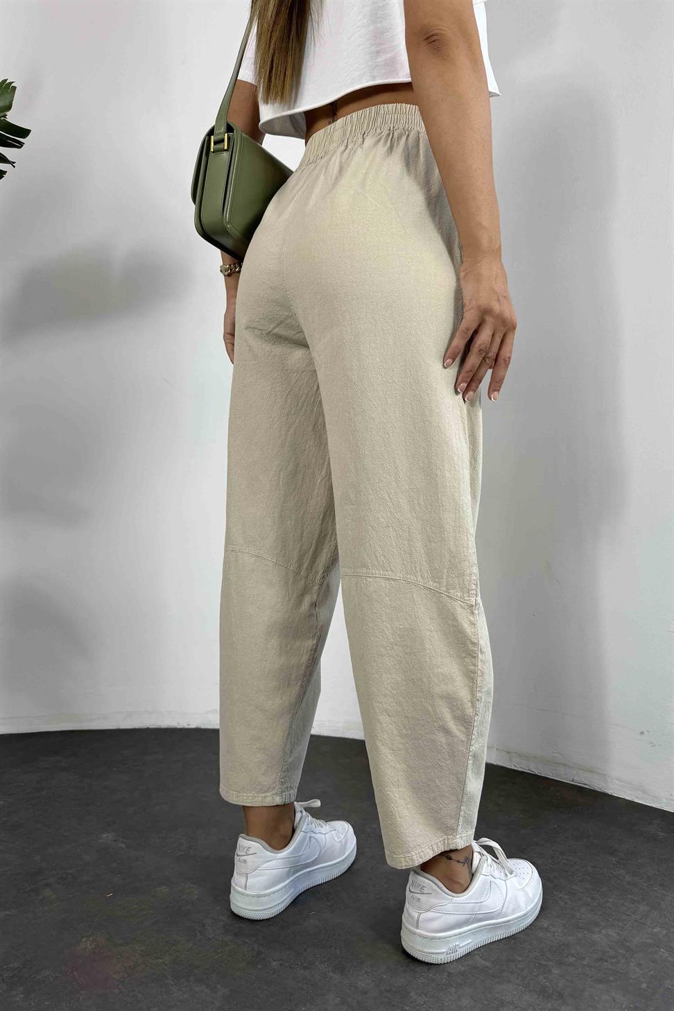 Beli Lastikli Organik Pamuk Kumaş Şalvar Pantolon Taş