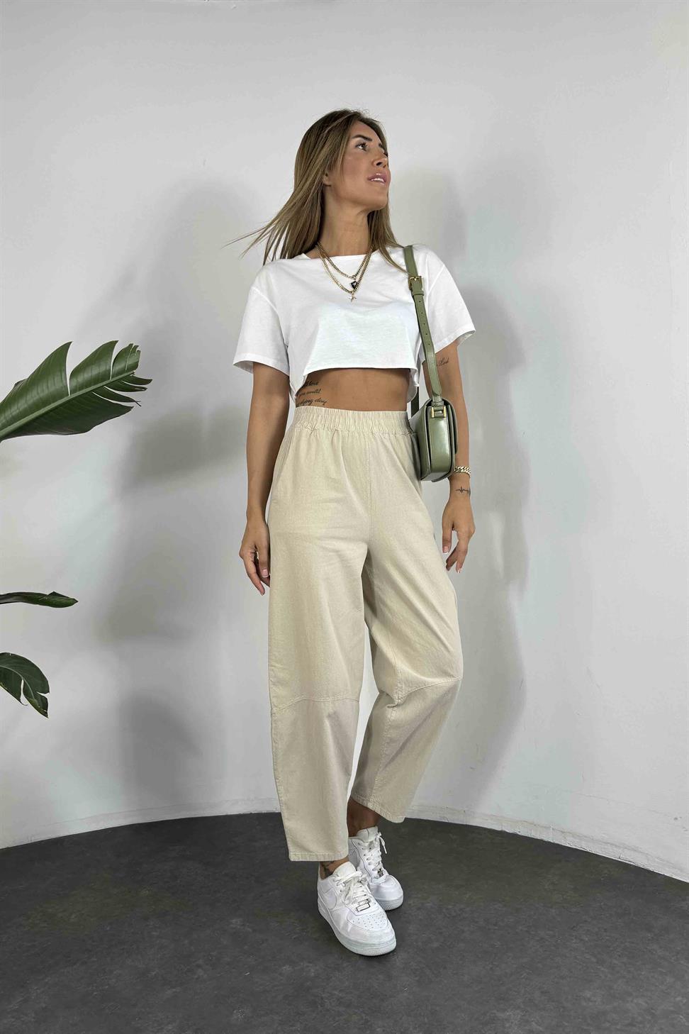 Beli Lastikli Organik Pamuk Kumaş Şalvar Pantolon Taş