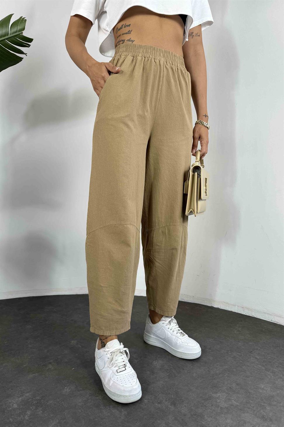 Beli Lastikli Organik Pamuk Kumaş Şalvar Pantolon Camel