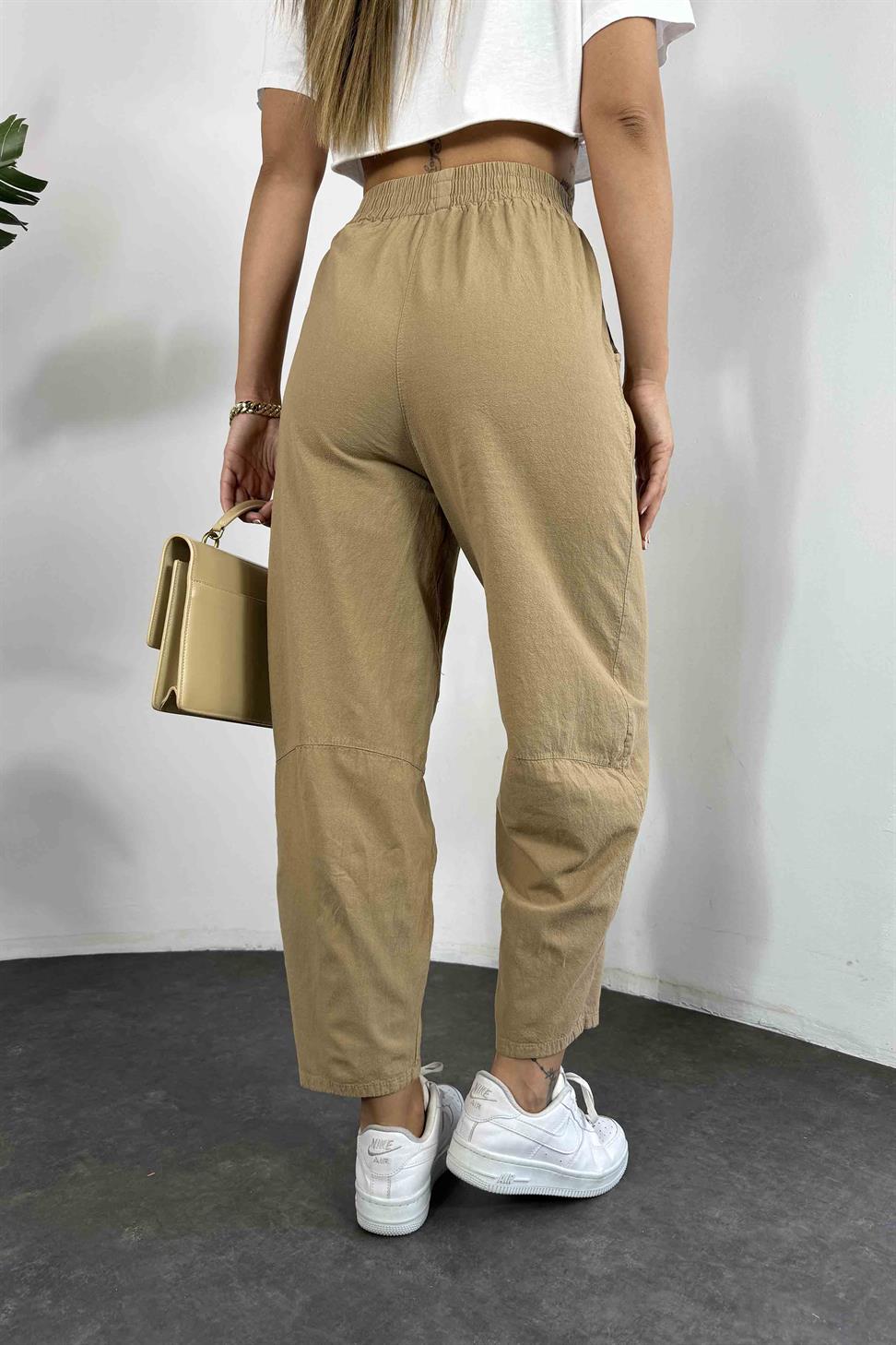 Beli Lastikli Organik Pamuk Kumaş Şalvar Pantolon Camel