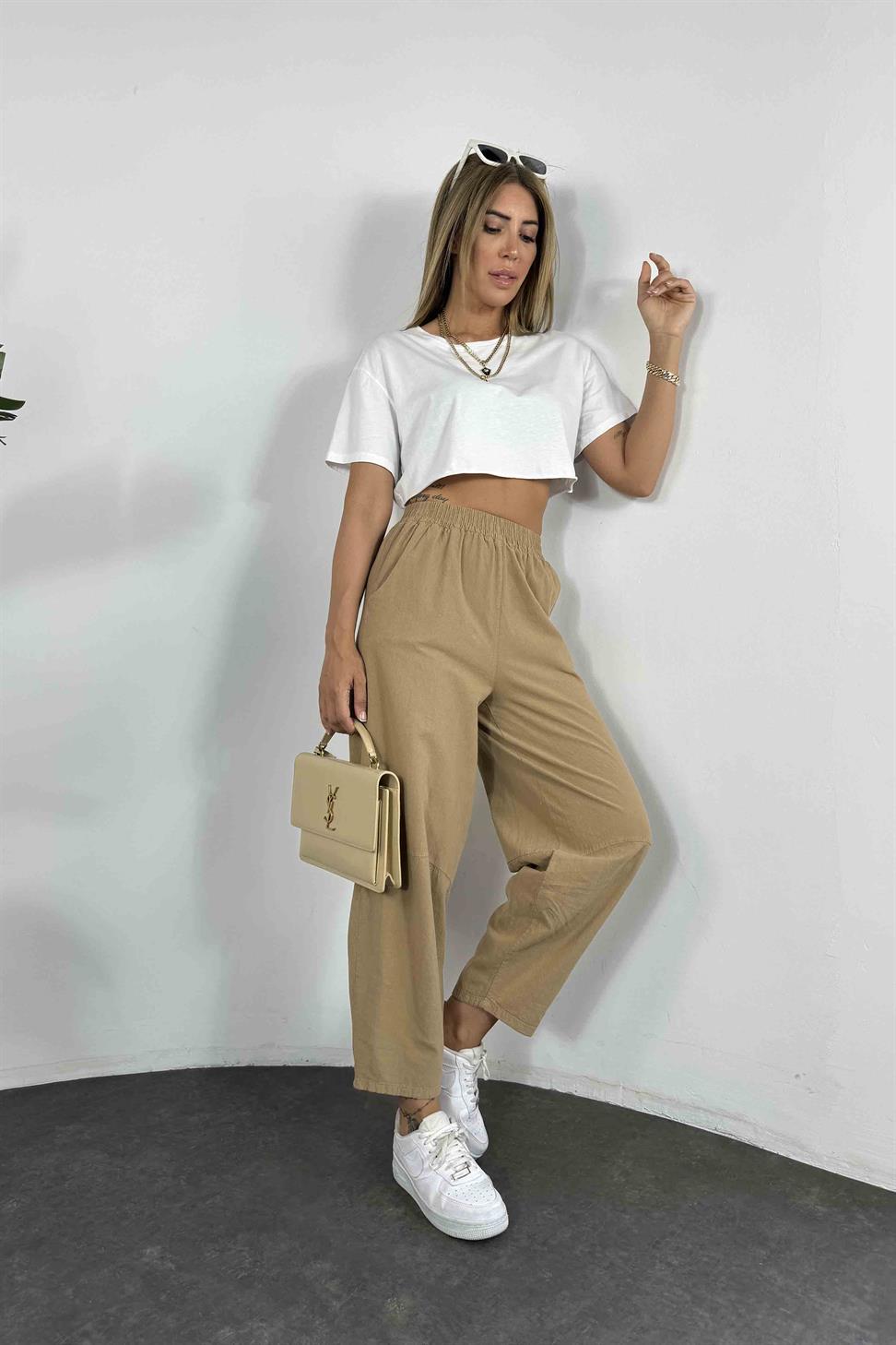 Beli Lastikli Organik Pamuk Kumaş Şalvar Pantolon Camel