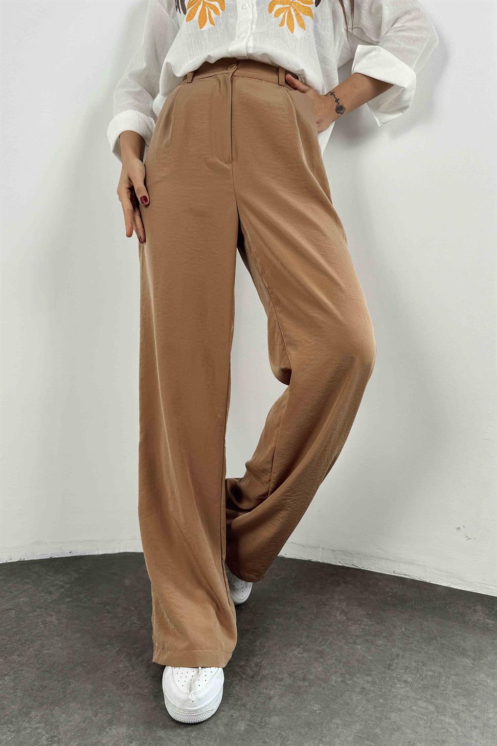 Beli Lastikli Palazzo Kadın Pantolon Camel