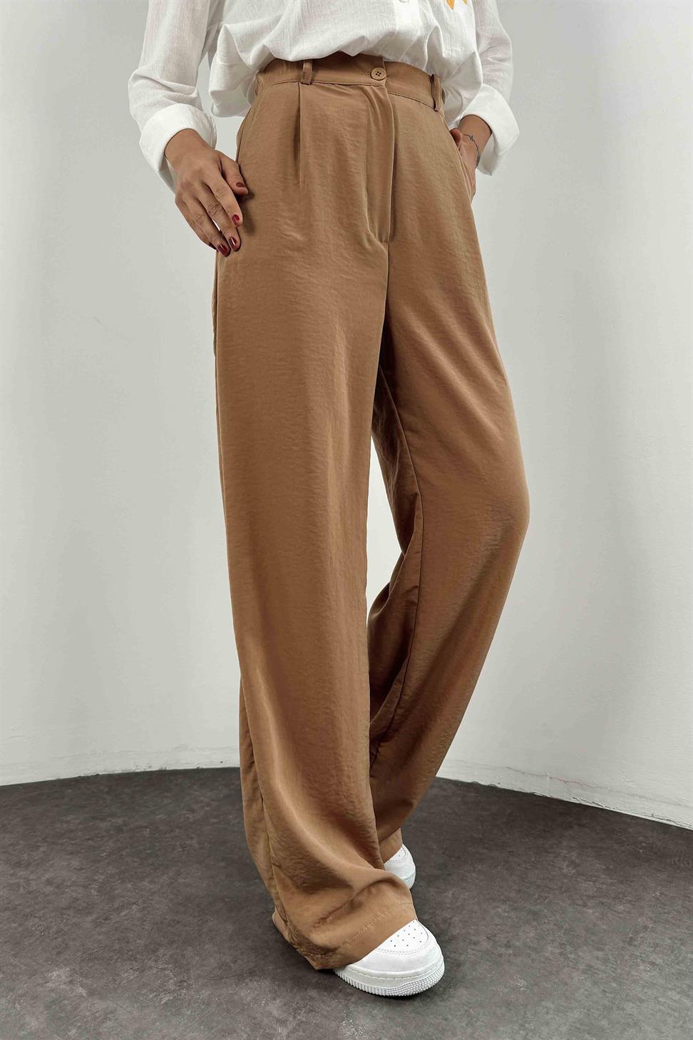 Beli Lastikli Palazzo Kadın Pantolon Camel