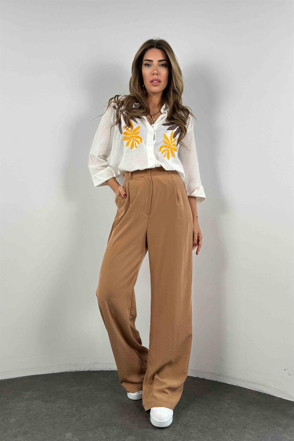 Beli Lastikli Palazzo Kadın Pantolon Camel