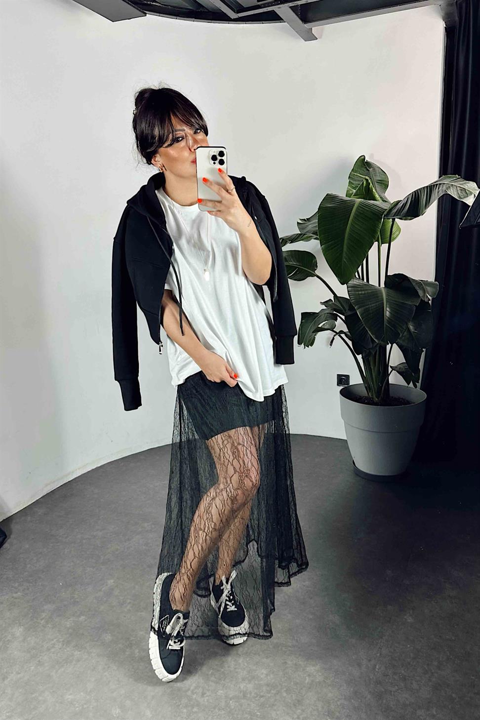 Beli Lastikli Tül Tasarım Kadın Etek Siyah