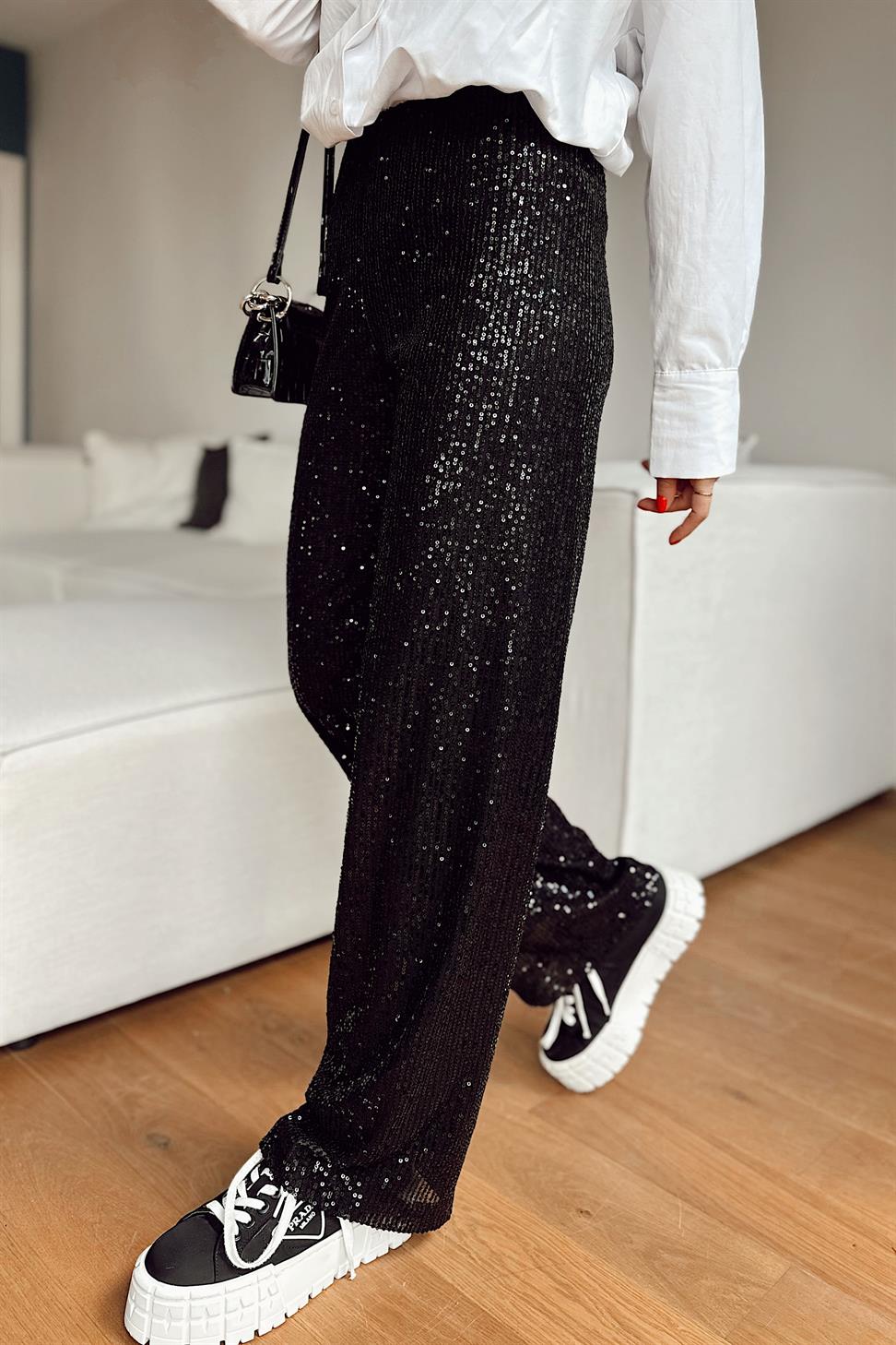 Beli Lastikli ve Pul Payetli Tasarım Bol Pantolon Siyah
