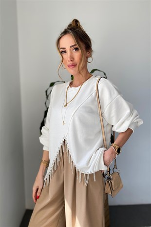 Beyaz Çift Taraflı Giyilebilir Parlak Taş Detay Tasarım Sweatshirt