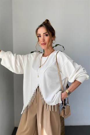 Beyaz Çift Taraflı Giyilebilir Parlak Taş Detay Tasarım Sweatshirt