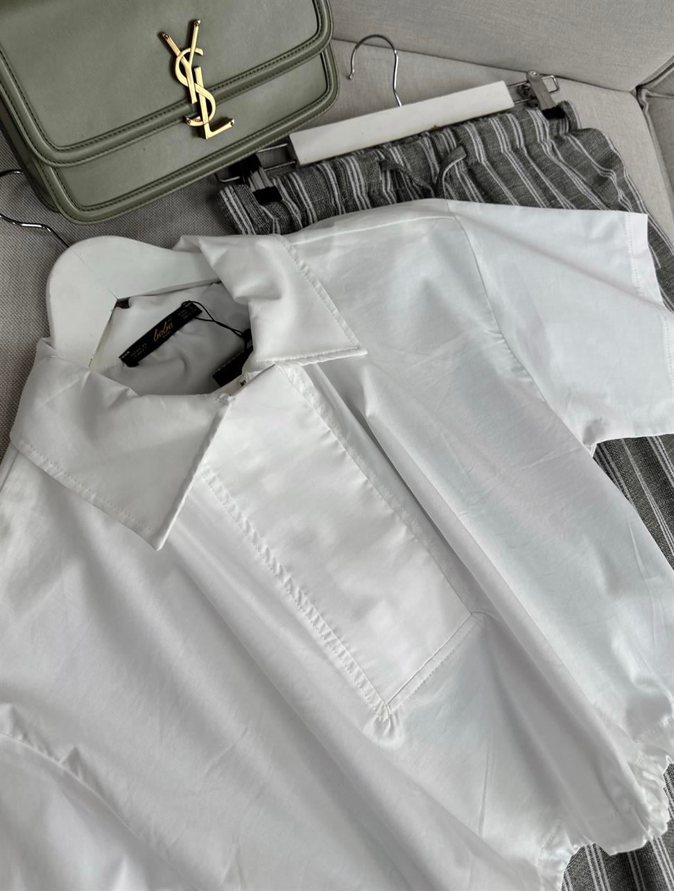 Beyaz Fermuarlı Beli Ayarlanabilir Crop Bluz