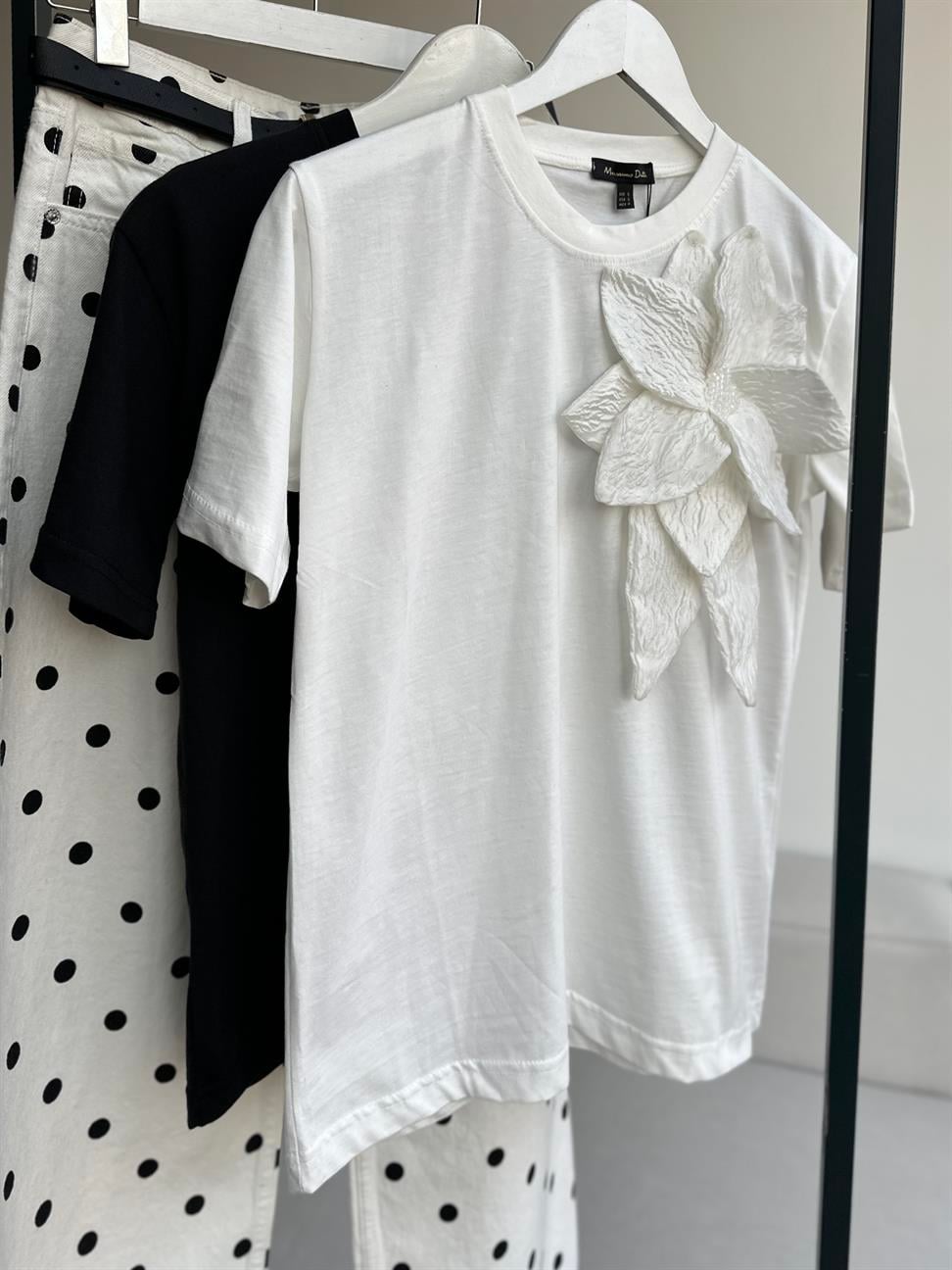 Beyaz İnci Taşlı Big Flower Tshirt