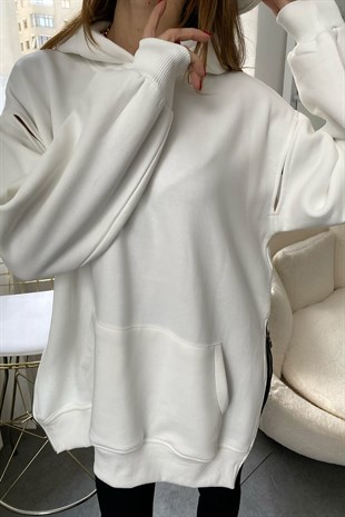 Beyaz Kol Tasarım Yanlar Fermuar Detay Oversize Sweat