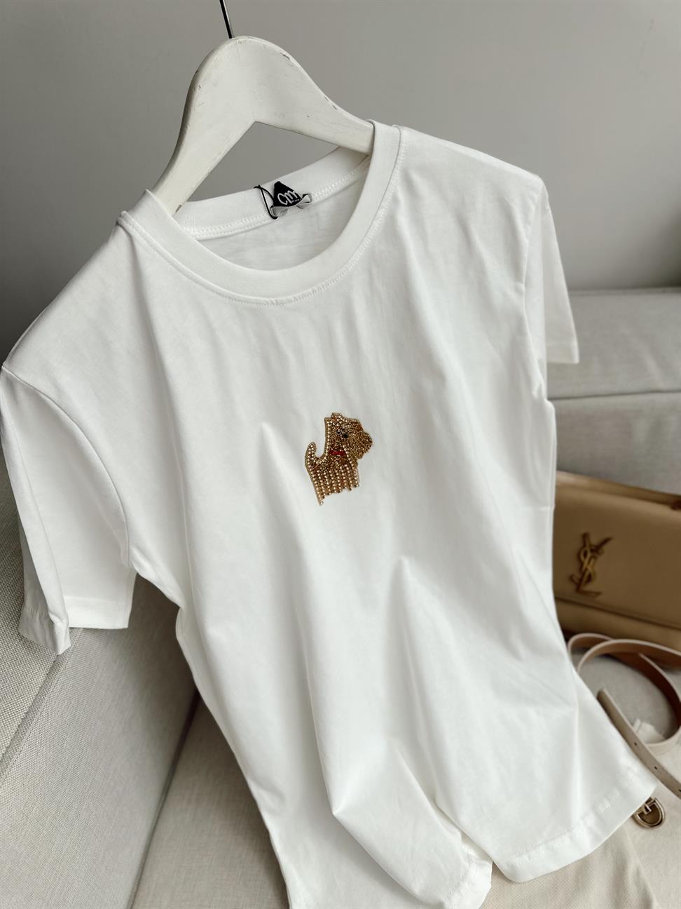 Beyaz Köpüş Taş Detaylı Basic Tshirt