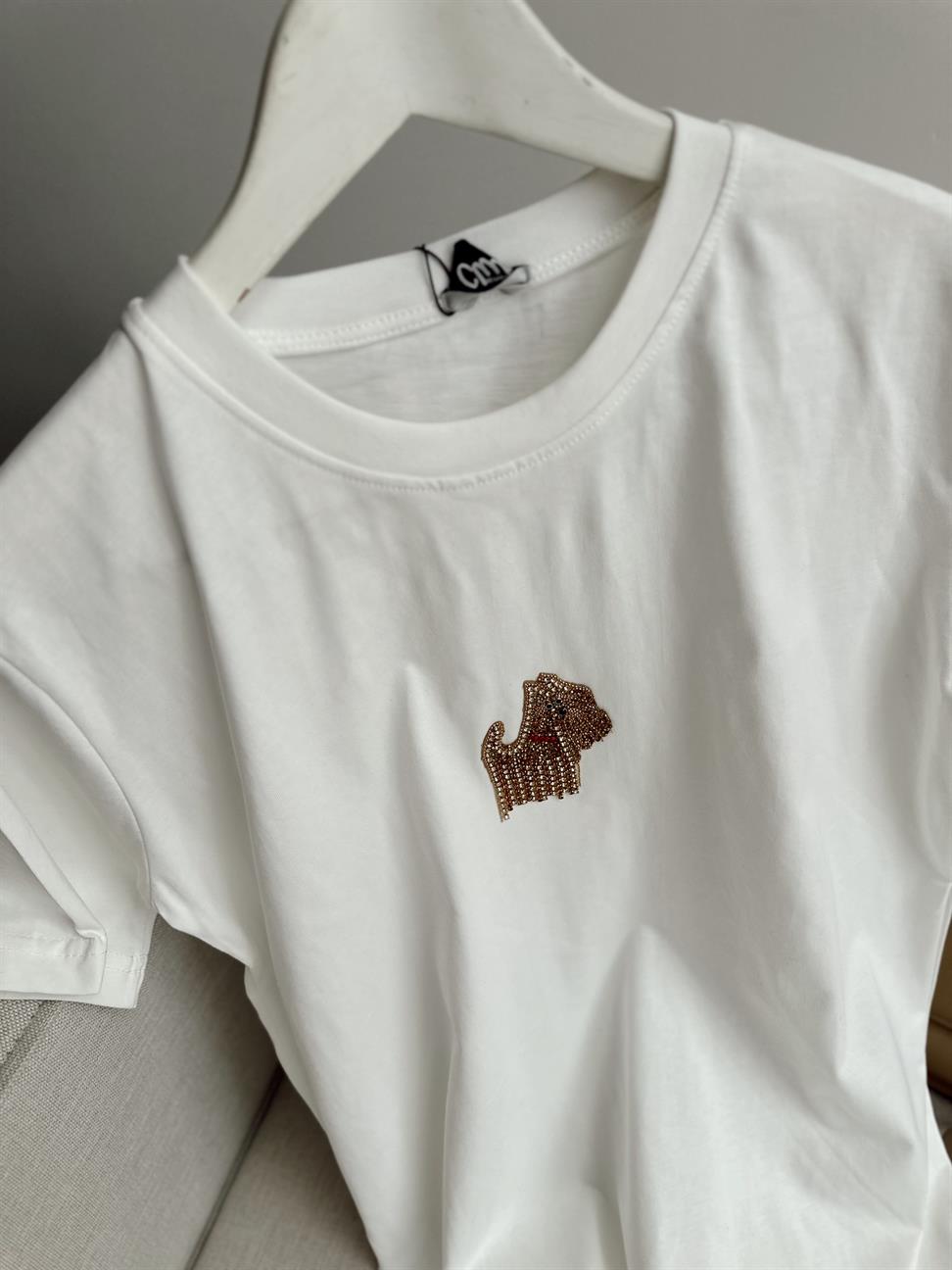 Beyaz Köpüş Taş Detaylı Basic Tshirt