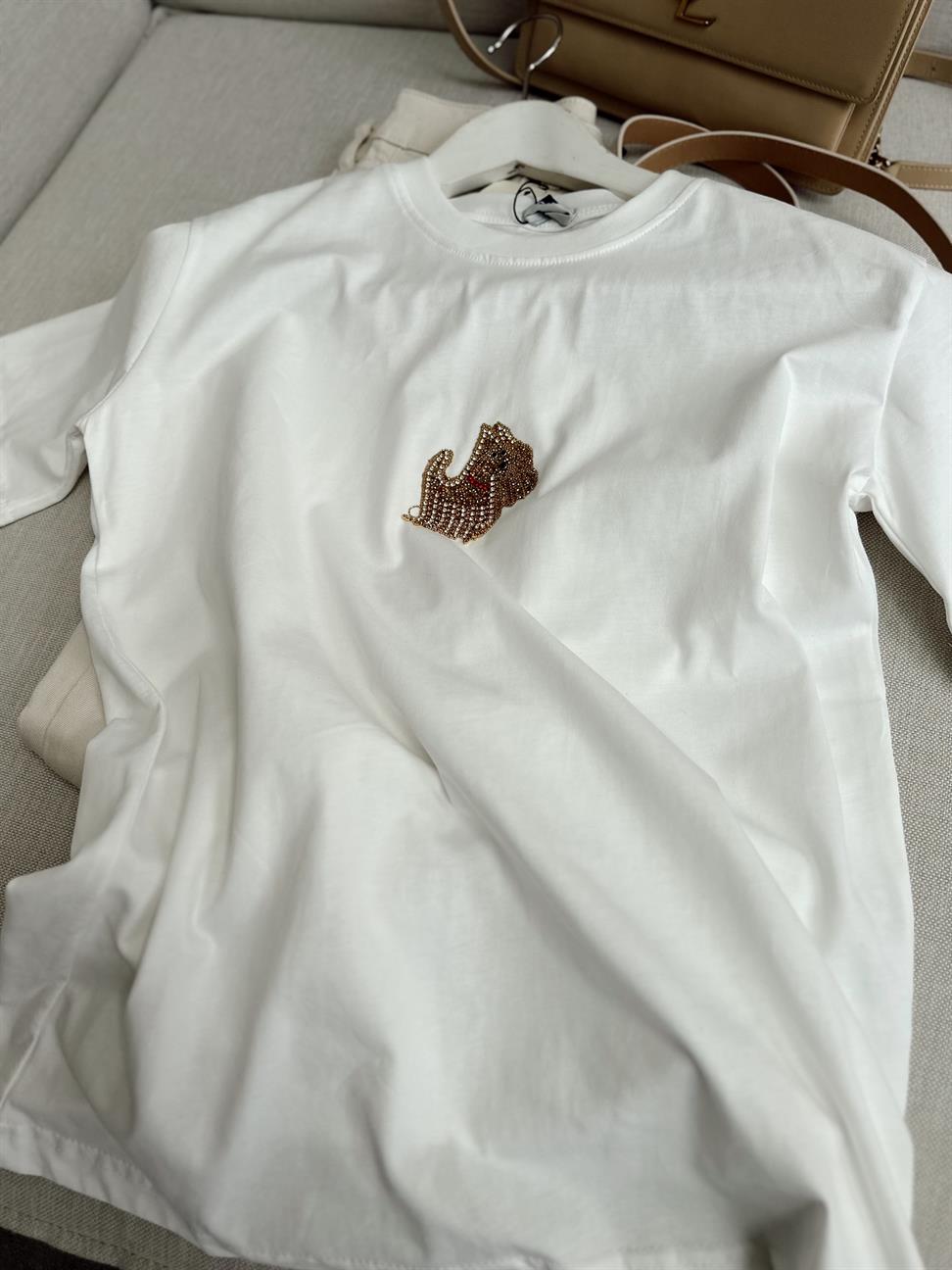 Beyaz Köpüş Taş Detaylı Basic Tshirt