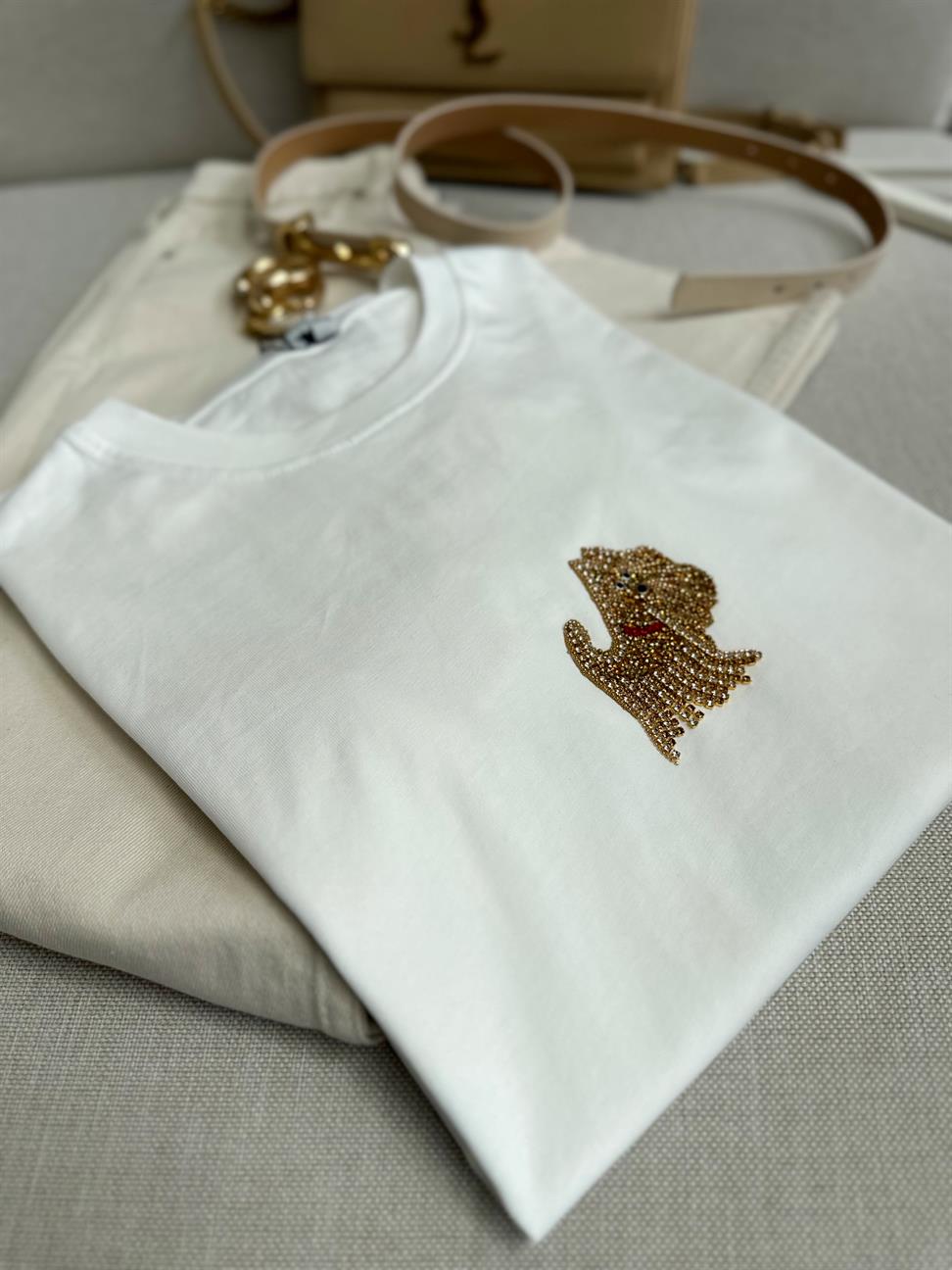 Beyaz Köpüş Taş Detaylı Basic Tshirt