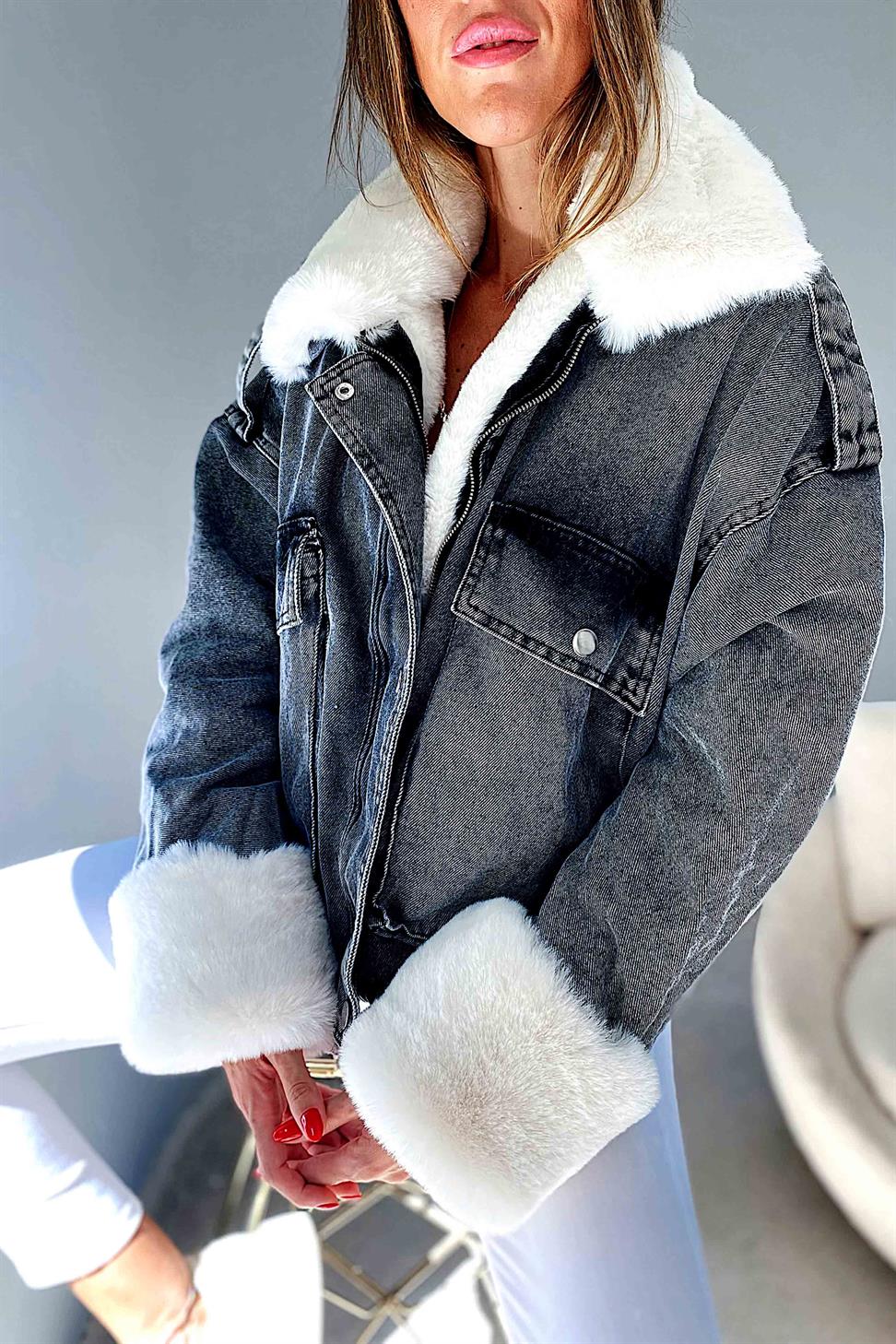 Beyaz Kürklü Denim Kadın Kısa Mont Antrasit