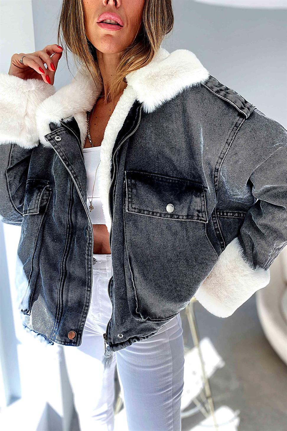 Beyaz Kürklü Denim Kadın Kısa Mont Antrasit