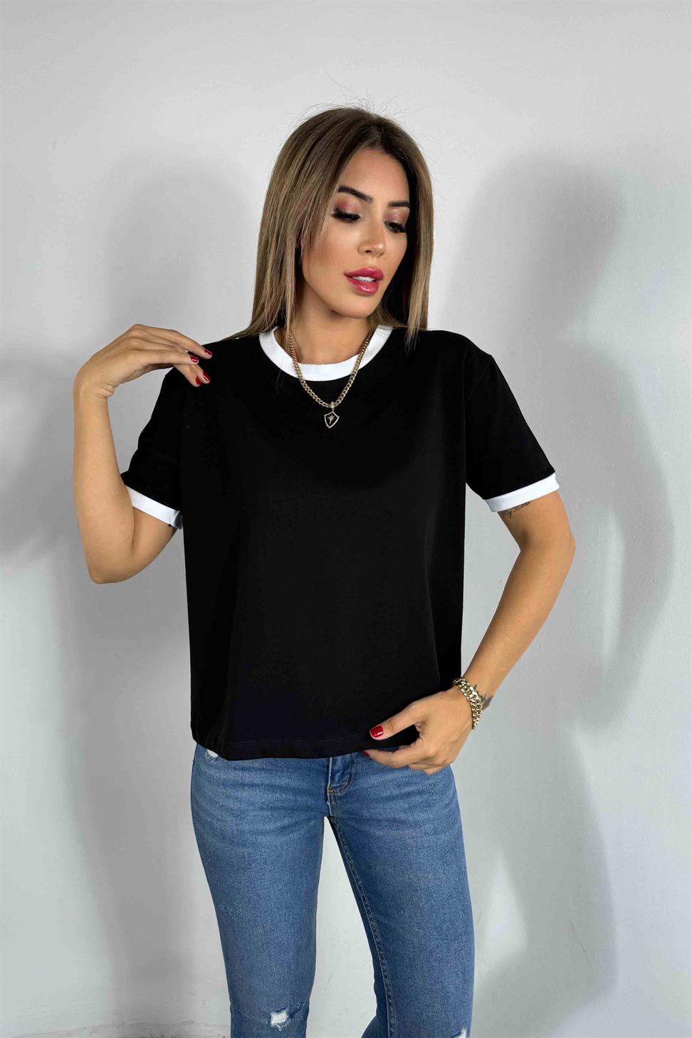 Bisiklet Yaka Kare Kesim Biyeli Kadın Tişört Siyah
