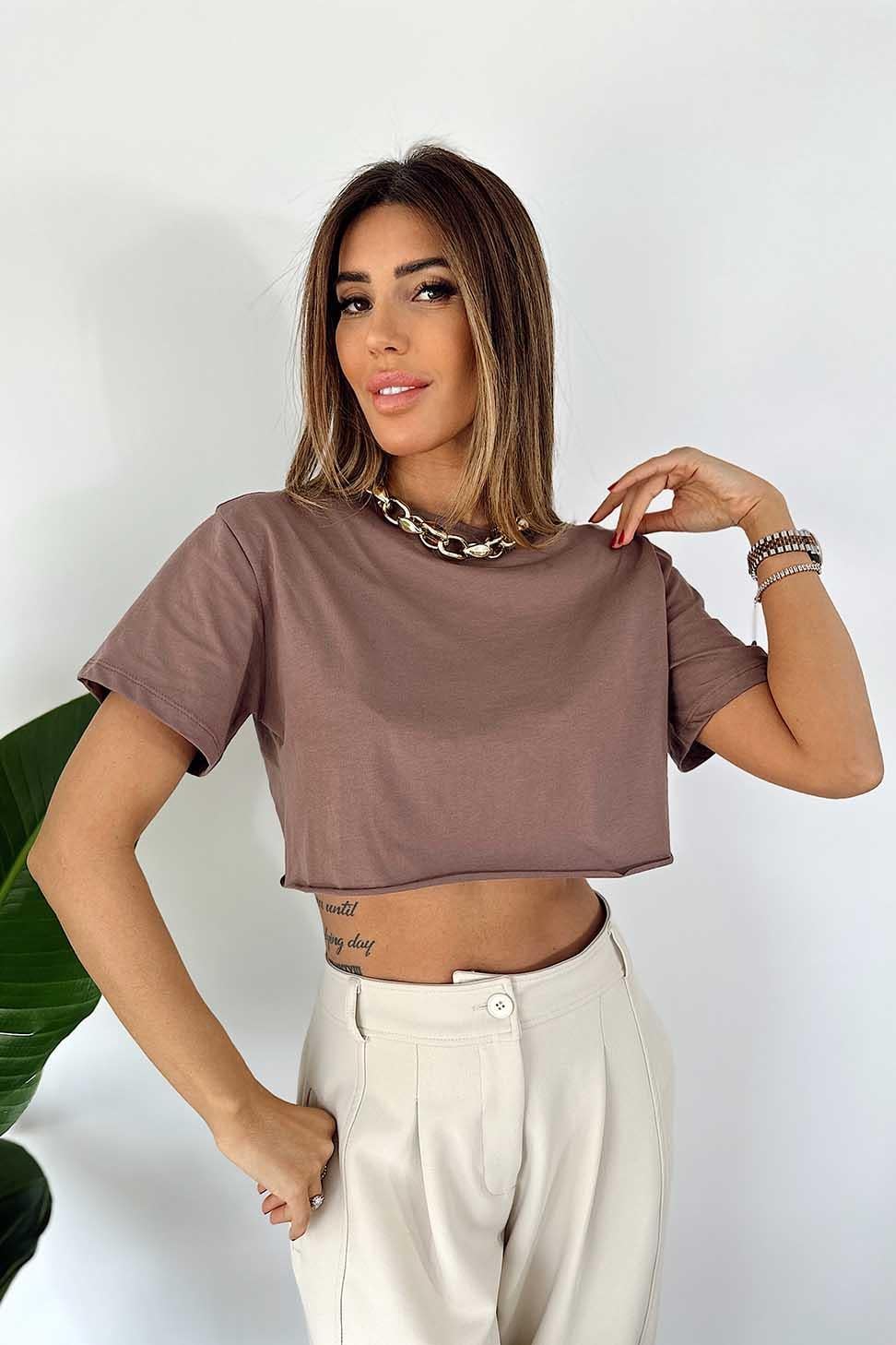 Bisiklet Yaka Lazer Kesim Crop Bluz Kahve