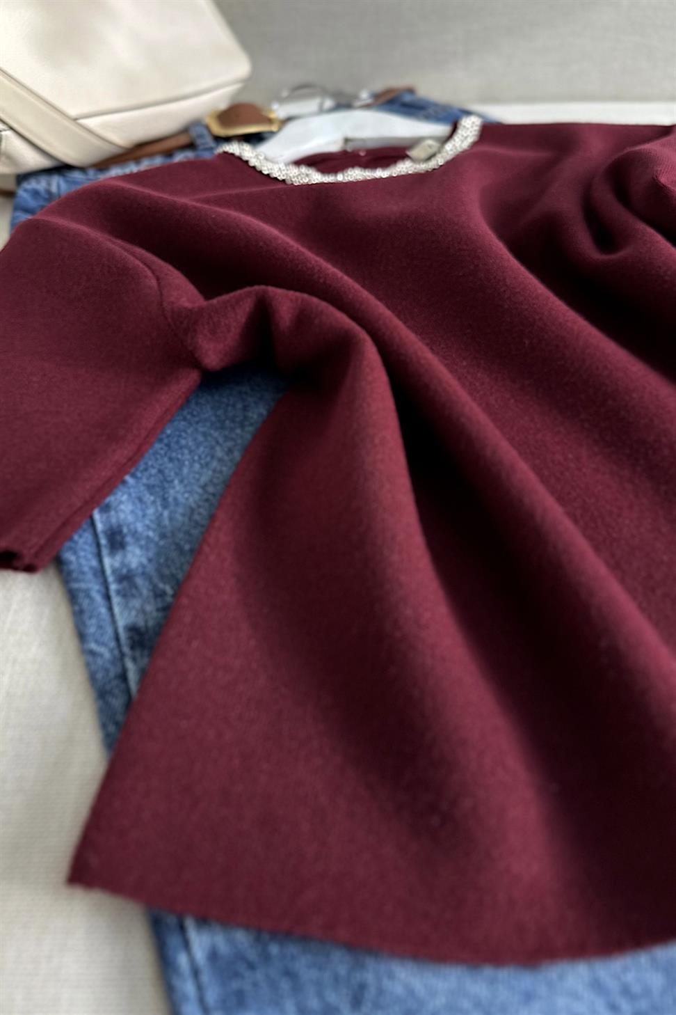 Bisiklet Yaka Parlak Taş Detaylı Triko Bluz Bordo