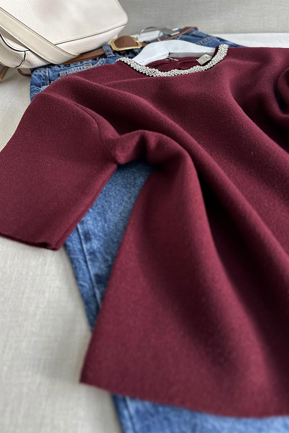Bisiklet Yaka Parlak Taş Detaylı Triko Bluz Bordo
