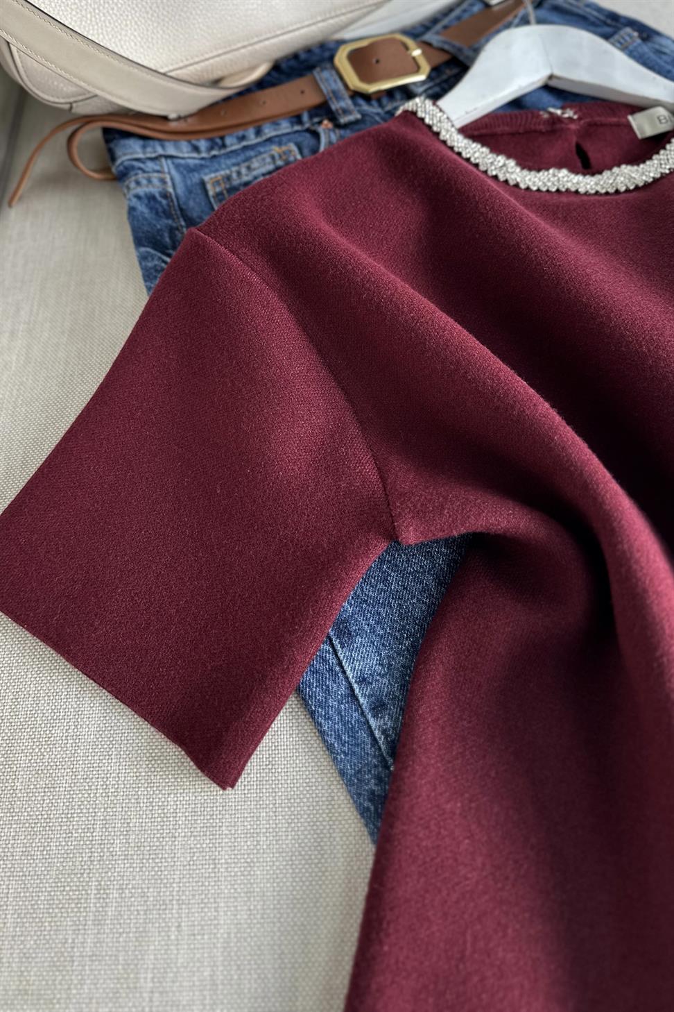 Bisiklet Yaka Parlak Taş Detaylı Triko Bluz Bordo