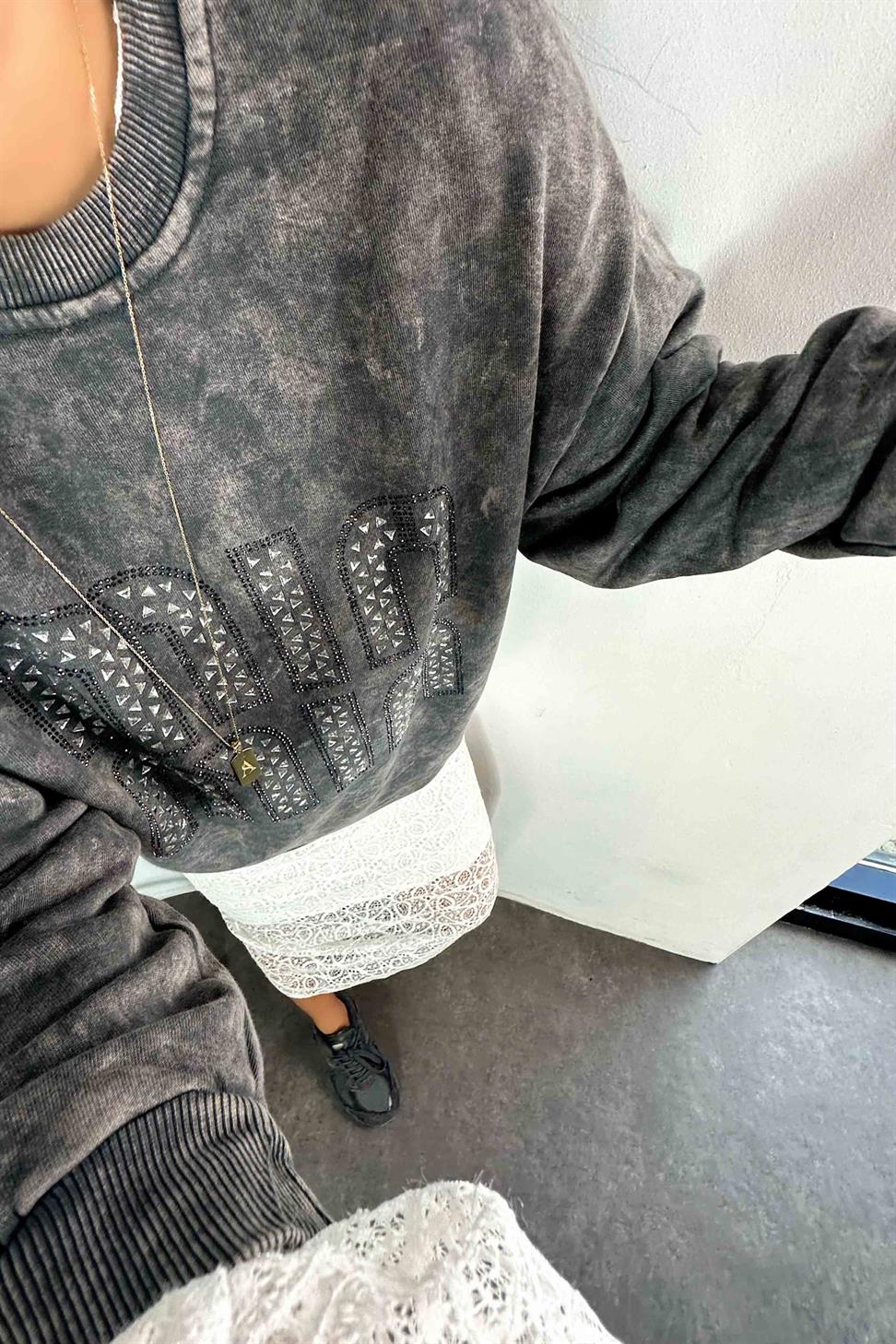 Bisiklet Yaka Tok Kumaş Yıkamalı Kadın Sweatshirt Füme