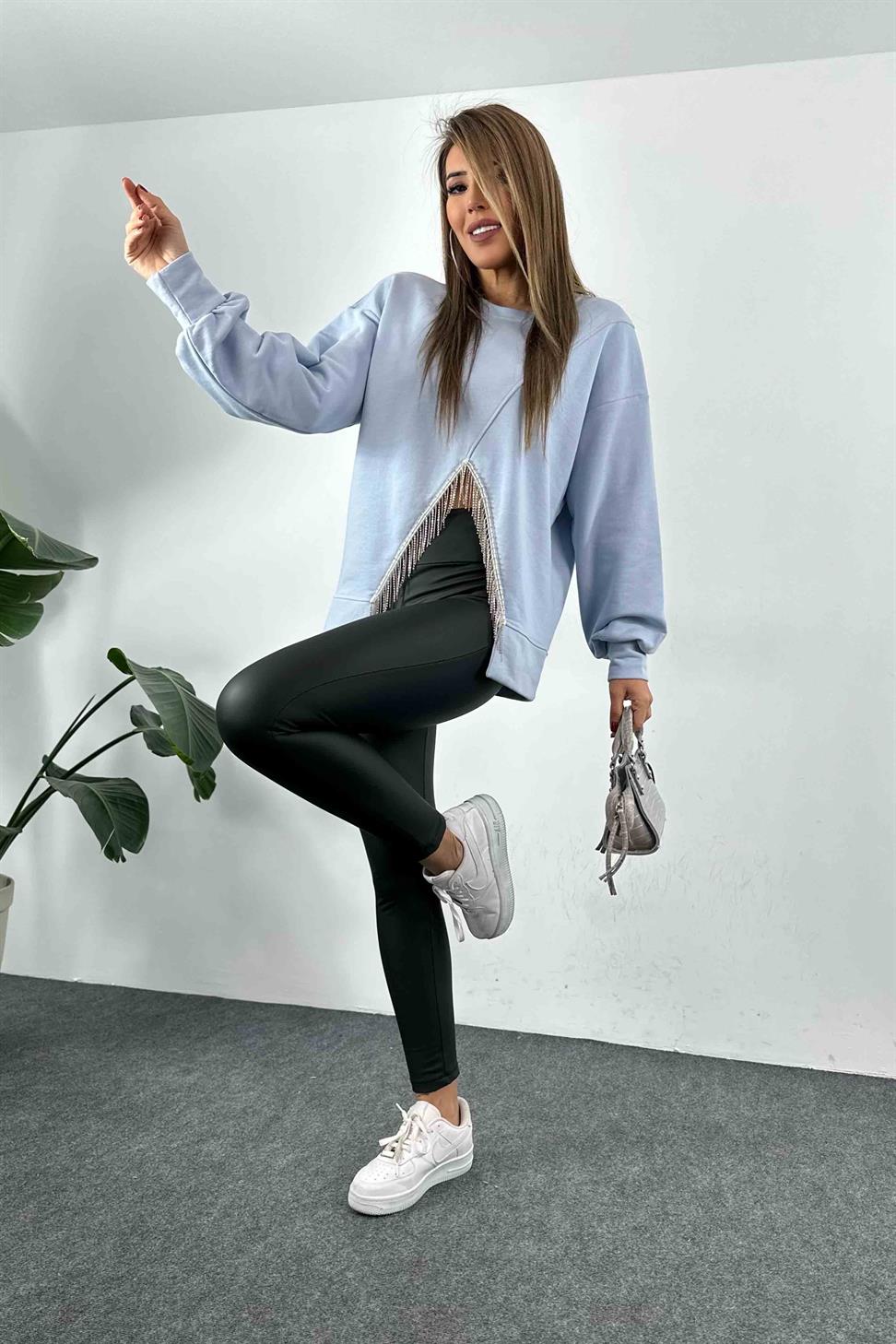 V Taş Püsküllü Tasarım Sweatshirt Bebe Mavisi